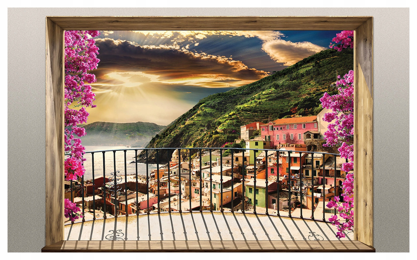 Fototapeta vlies Balkón s výhľadom na more a hory kvety 520x318 lepidlo
