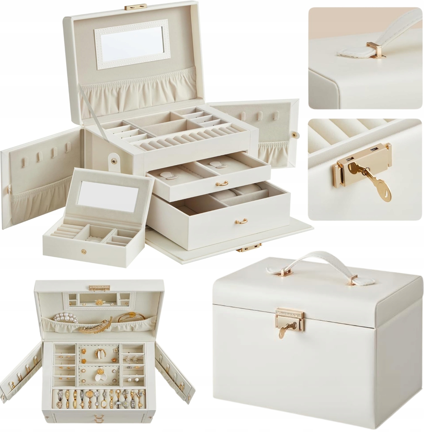 Krabička Kufřík na šperky Organizér 3 úrovně Zásuvky Uzamykatelné Držák