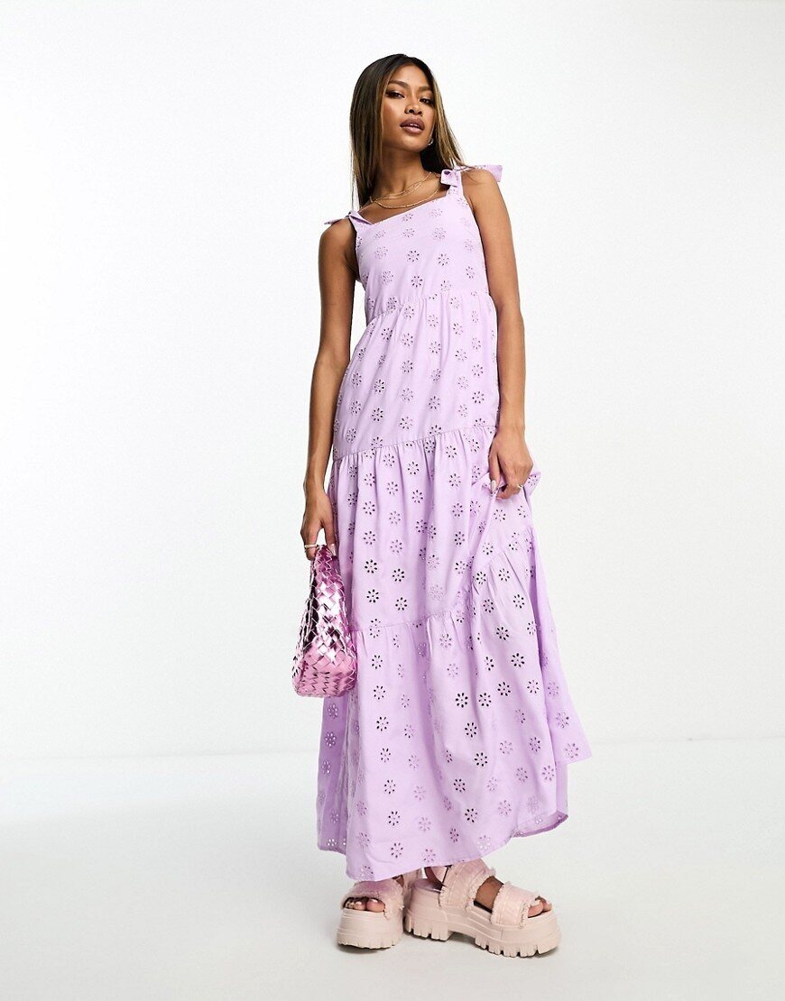 Threadbare Warstwowa liliowa sukienka midi z haftem angielskim 44