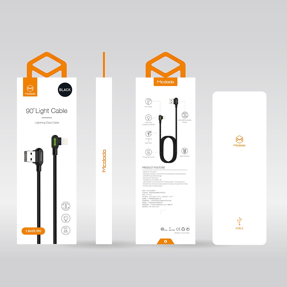 MCDODO KABEL KĄTOWY 90° USB-C SZYBKIE ŁADOWANIE DWUSTRONNY USB TYP C LED Zgodność ze standardem Quick Charge 1.0 Quick Charge 2.0 Quick Charge 3.0 Quick Charge 4.0