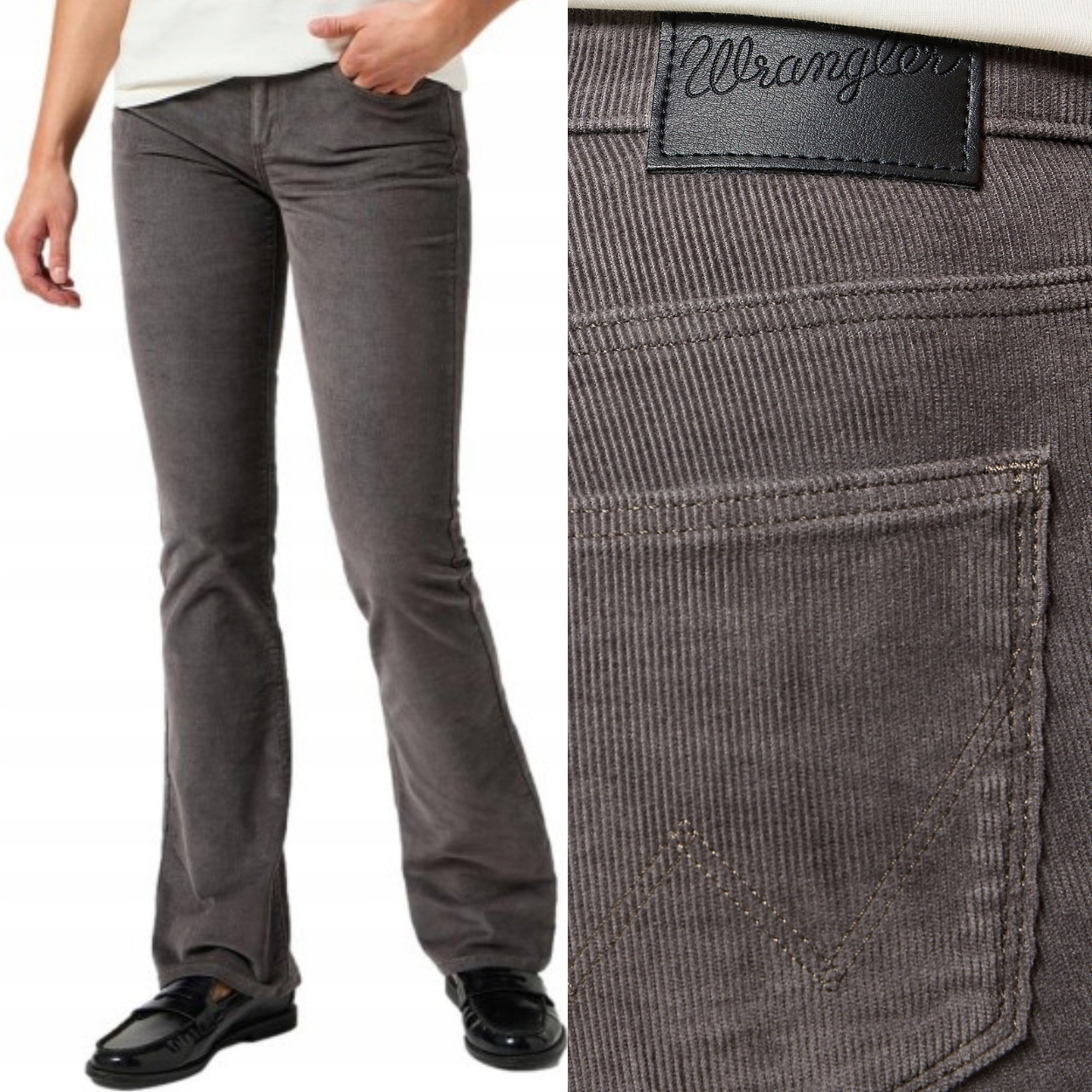 Wrangler Bootcut Magnet rozšiřitelné šedé dámské manšestrové kalhoty W33 L32
