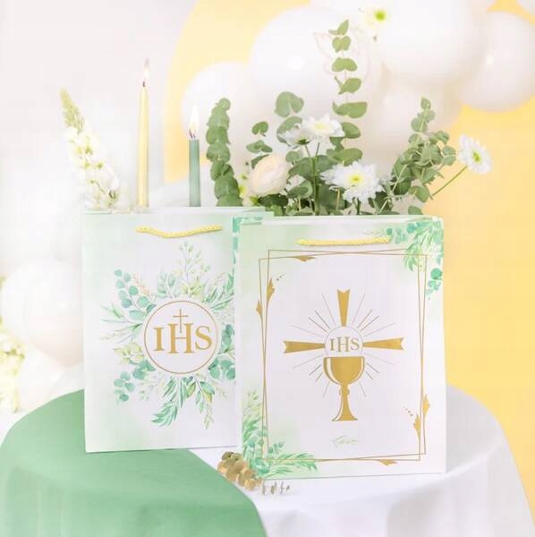 TORBA TOREBKA PREZENTOWA IHS GAŁĄZKI EUKALIPTUS KOMUNIA 26X32X12 CM Marka inna