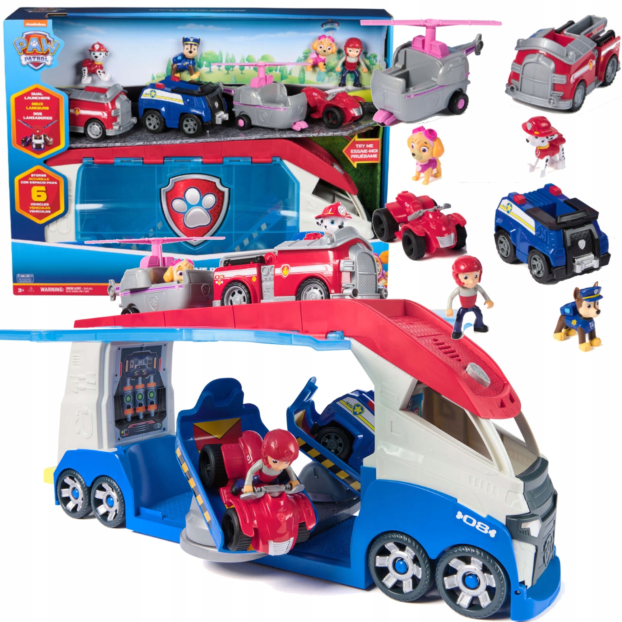 Psi Patrol Patrolowiec Duży Zestaw 4 Pojazdy Ryder Chase Marshall Skye