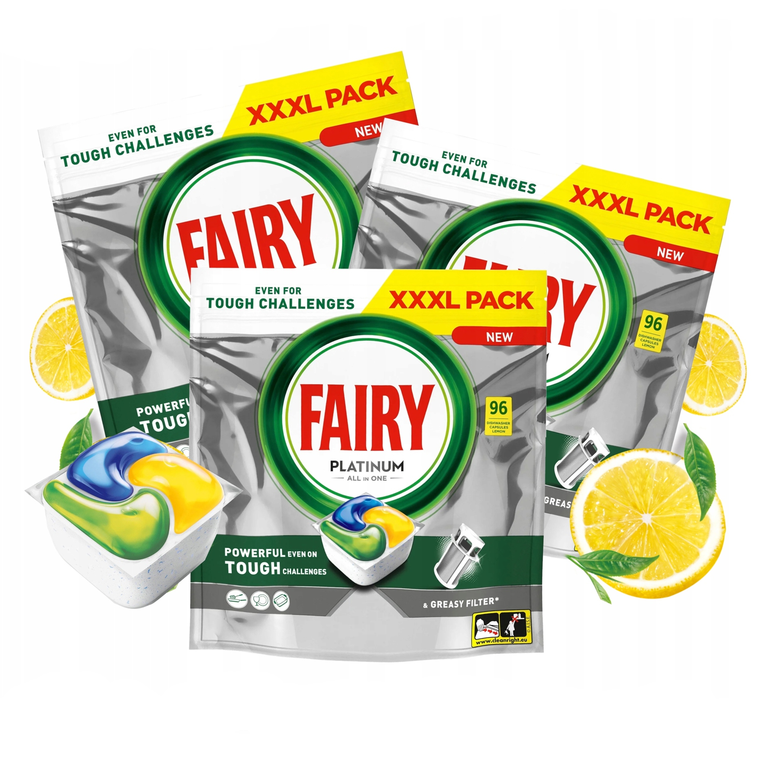 Levně Kapsle Fairy Platinum All In One do myčky nádobí citronové 3 x 96 kusů