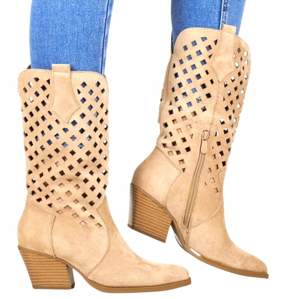 Dámské boty Kovbojské Boty Ažurové Kozačky Béžové Semišové Módní Vystřihované Nové