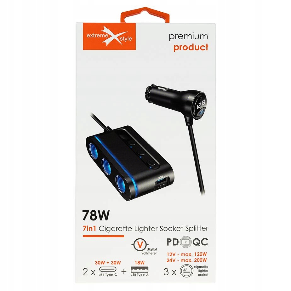 ROZGAŁĘZIACZ - ROZDZIELACZ GNIAZDA ZAPALNICZKI 3xUSB QC PD z Woltomierzem Producent Extremestyle