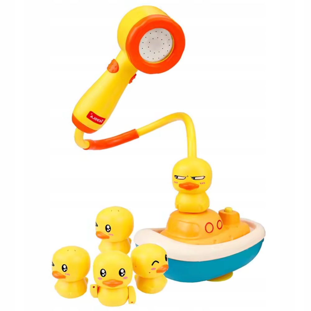 ZABAWKA DO KĄPIELI DLA DZIECI I NIEMOWLĄT KACZUSZKI Z ŁODZIĄ Z PRYSZNICEM