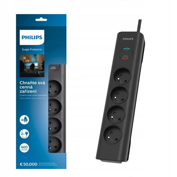 Przedłużacz Listwa zasilająca przepięciowa 4 gniazda 2m czarny 16A Philips