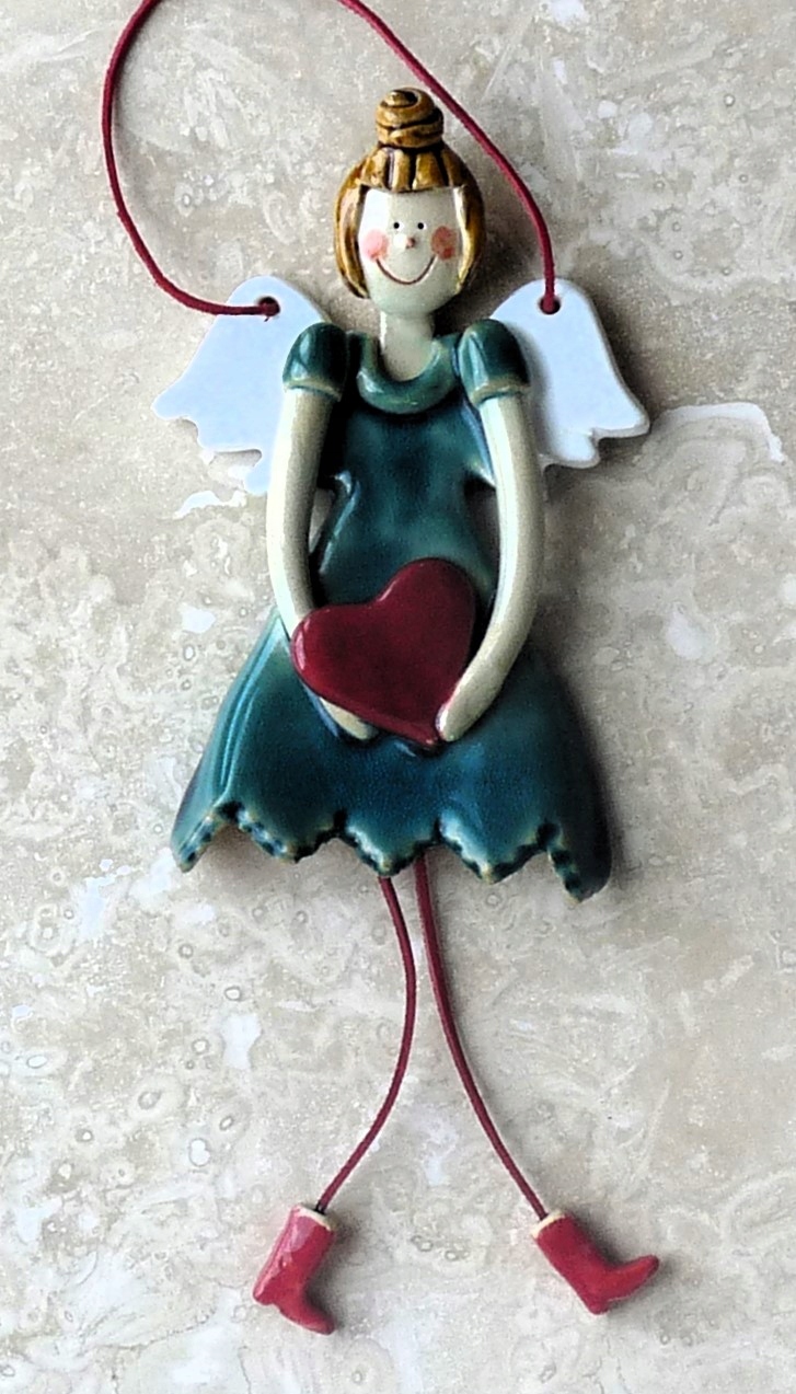 Keramická figurka Anděl Modrý Dívka se srdcem Dárek 22 cm