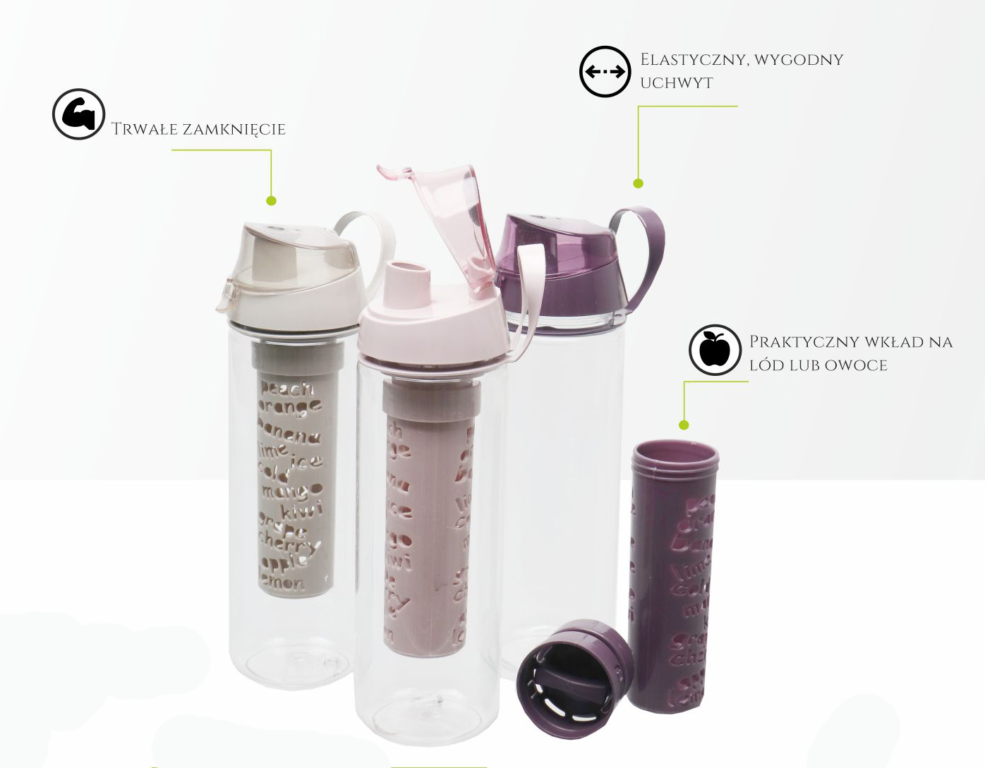 BIDON BUTELKA Z WKŁADEM NA OWOCE, LÓD, Design Kolor dominujący odcienie szarości