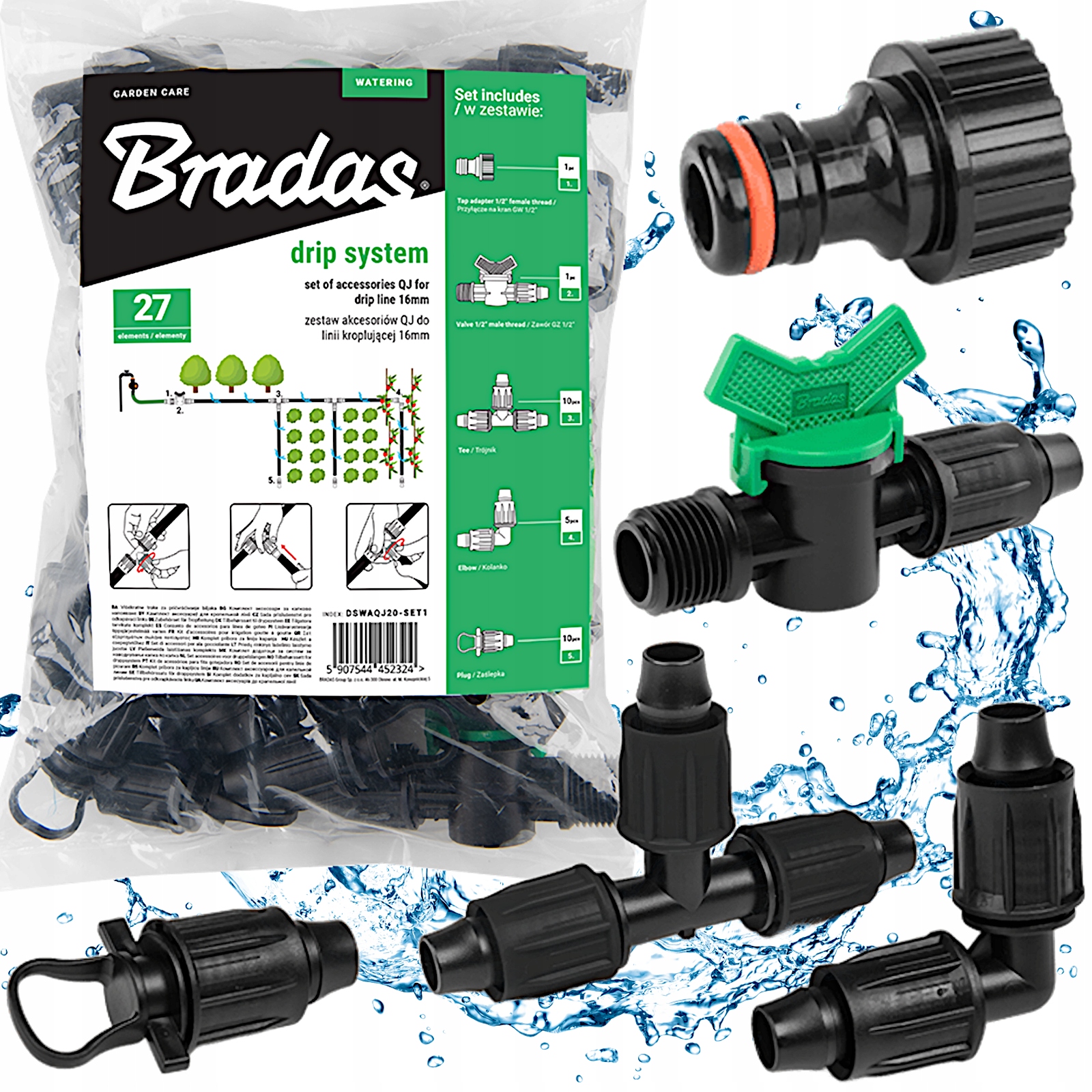 SADA PRÍSLUŠENSTVA PRE ZAVLAŽOVACIU HADICU QJ 16 mm 27 BRADAS prvkov