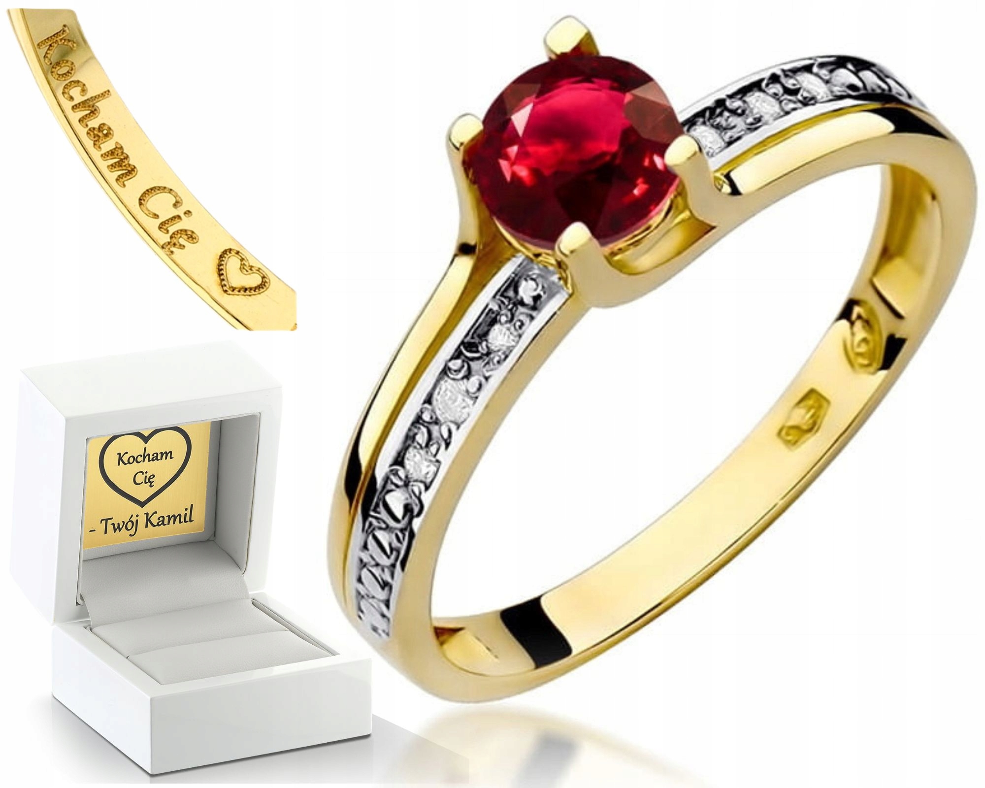 Zlatý Prstýnek Prsten S Rubín , Diamanty, Žluté Zlato 585, Dárek , Gravírování