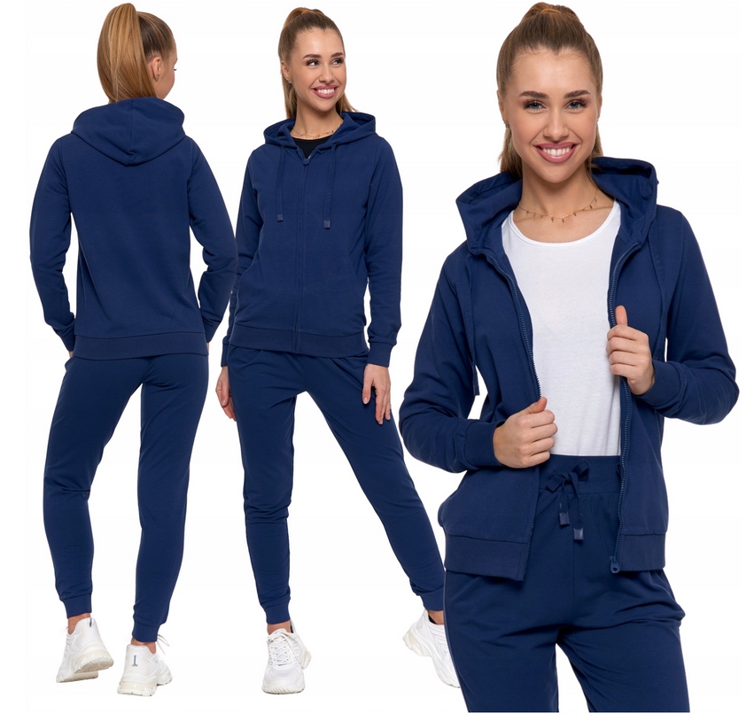 Bawełniany Dres damski Rozpinany spodnie bluza Kaptur komplet 5005 navy M