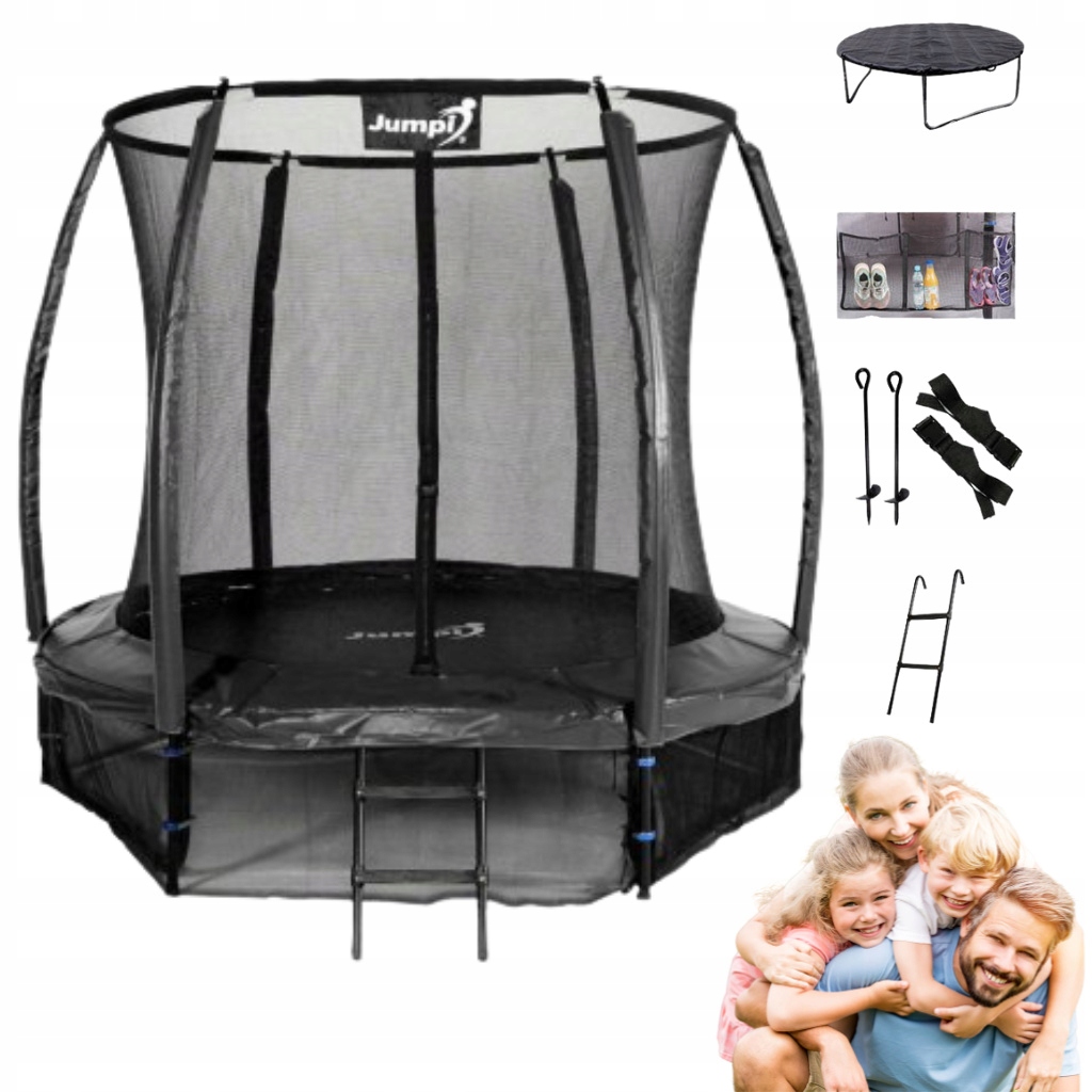 Trampolina Ogrodowa Jumpi 252cm/8FT Czarna dla dzieci do ogrodu z siatką