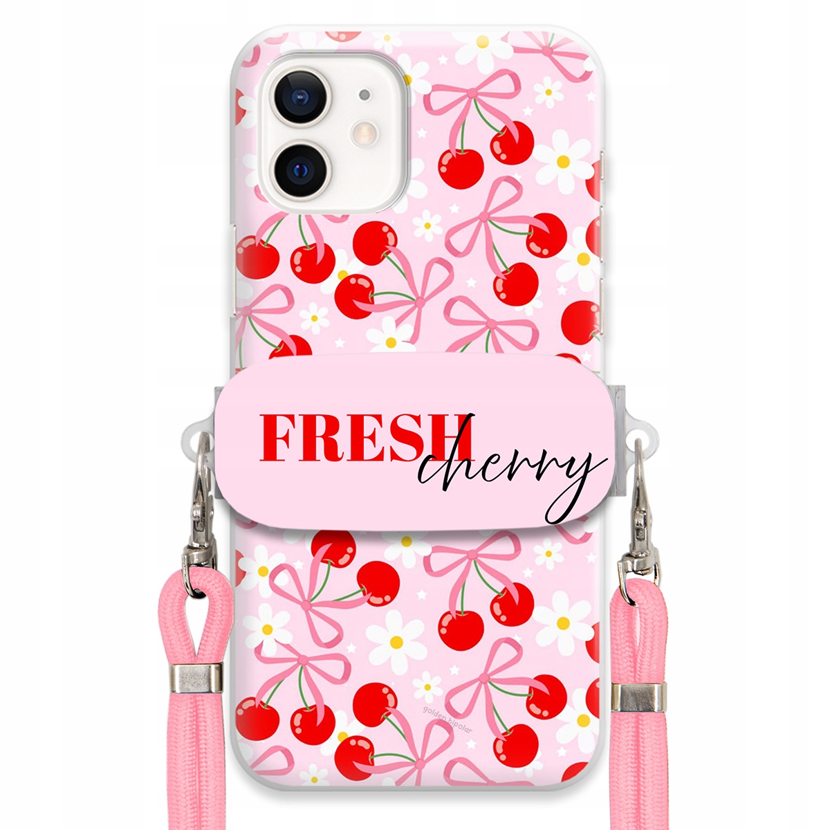 Pouzdro pro iPhone 12 Case Držák Šňůrka Růžová Cherry Třešničky Mašličky