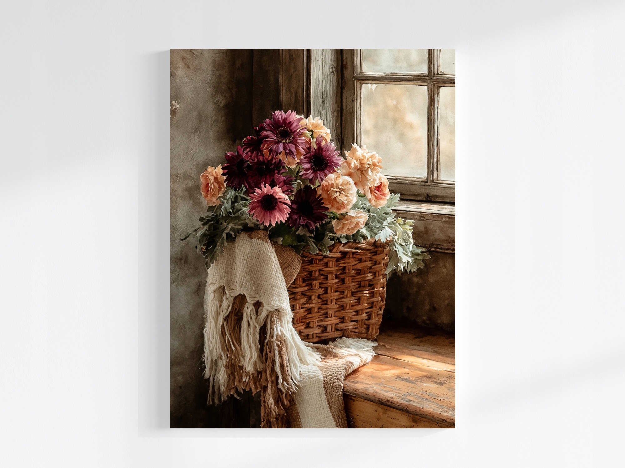 Obraz Na Plátně Canvas Dekorace Koš Proutí Květiny Gerbery Pled 75x100