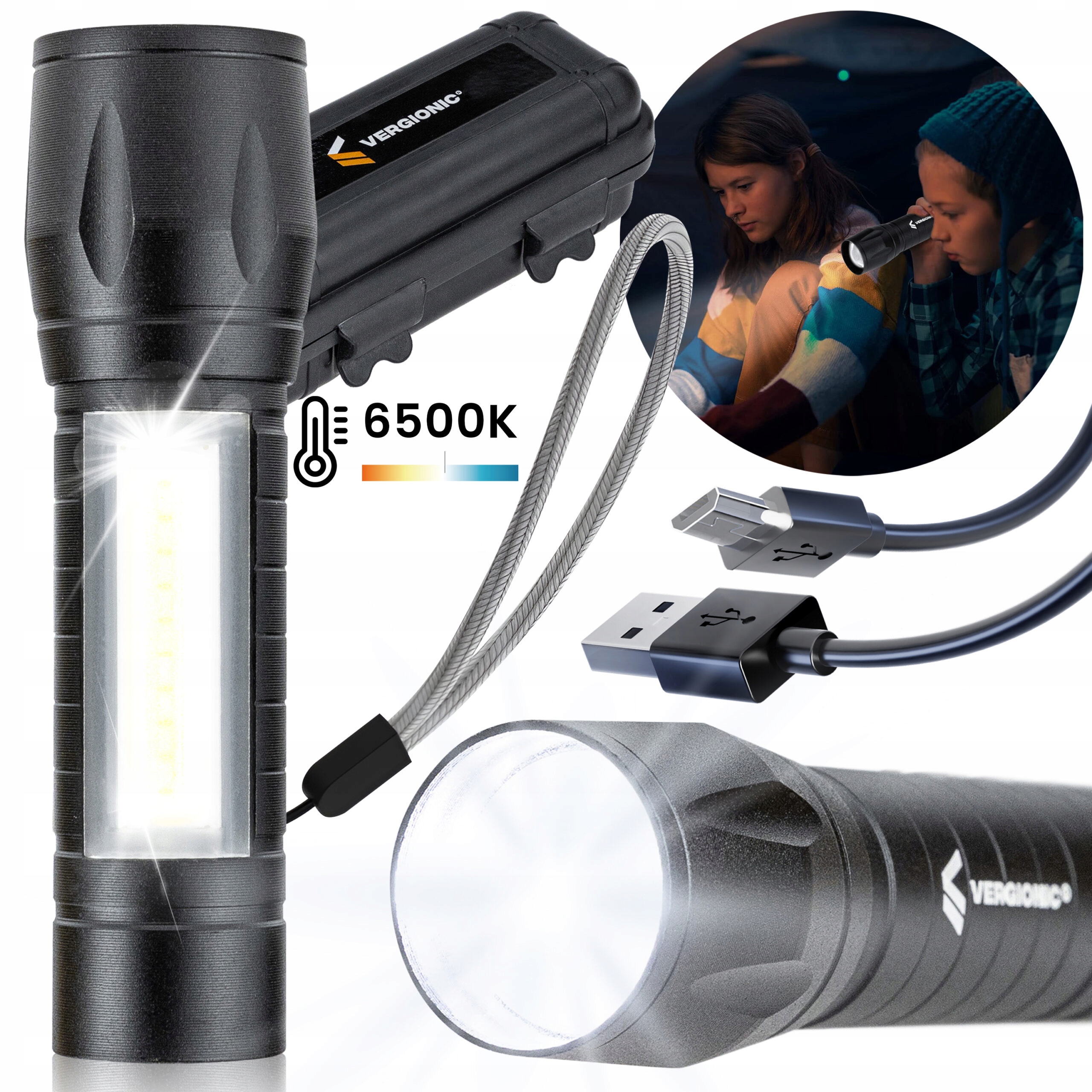 LATARKA TAKTYCZNA LED MOCNA WOJSKOWA REFLEKTOR AKUMULATOROWA AKUMULATOR USB Marka Vergionic