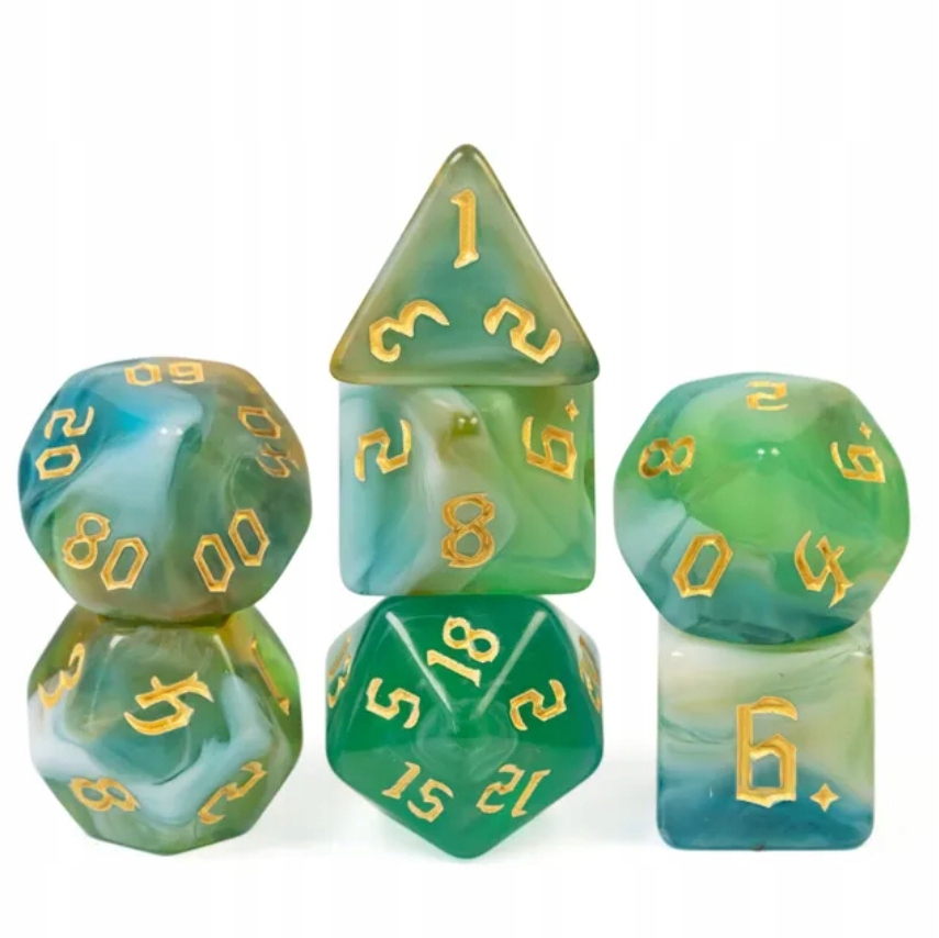 Zestaw 7 Kości Zielone Niebieskie Złoty Nadruk D4-20 K20 Rpg D&D Mtg Board