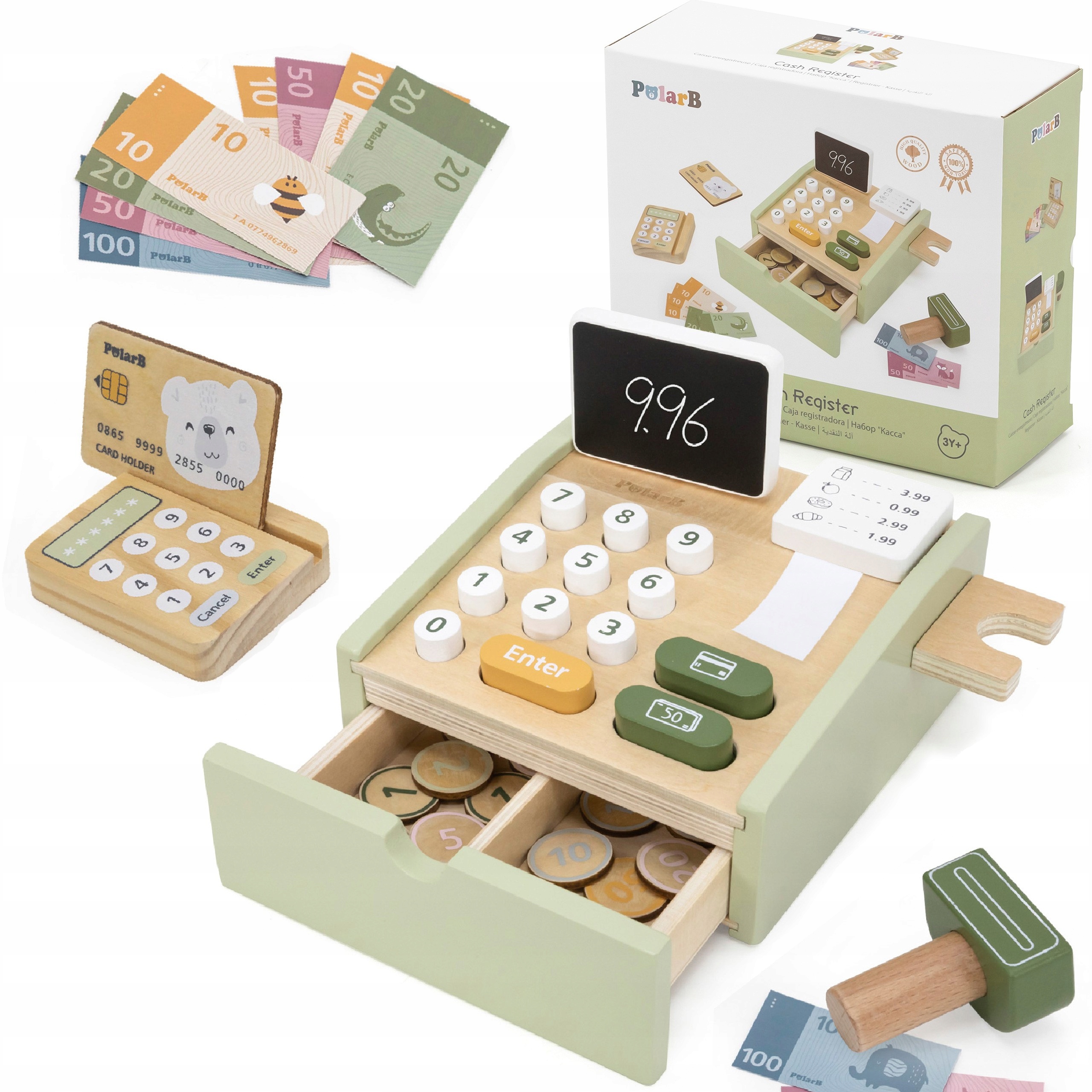 VIGA PolarB DREWNIANA KASA SKLEPOWA ZIELONA TERMINAL PŁATNICZY PIENIĄDZE