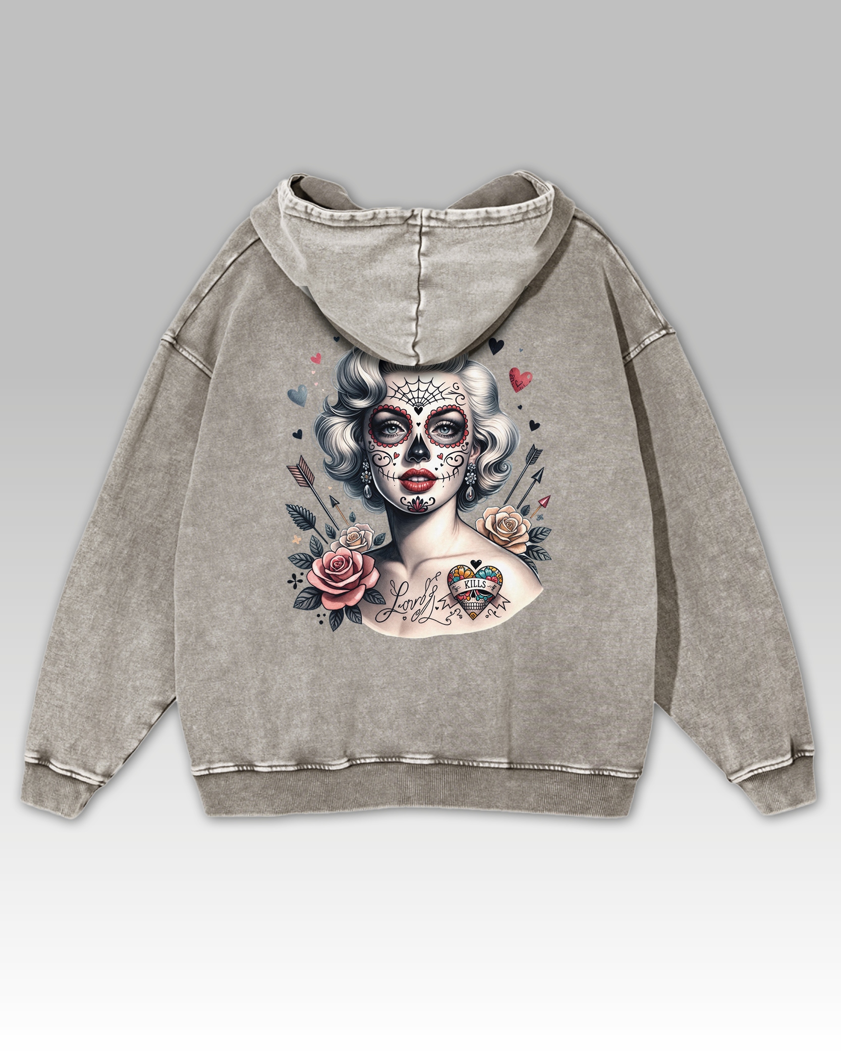 Oversize mikina s kapucí Žena s tetováním Marilyn Monroe šedá XL