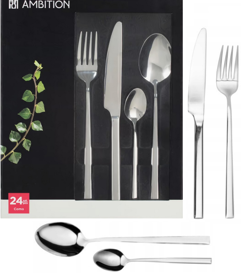 AMBITION 24 MODERN NOWOCZESNE SZTUĆCE OBIADOWE COMO SREBRNE KOMPLET 6 OSÓB
