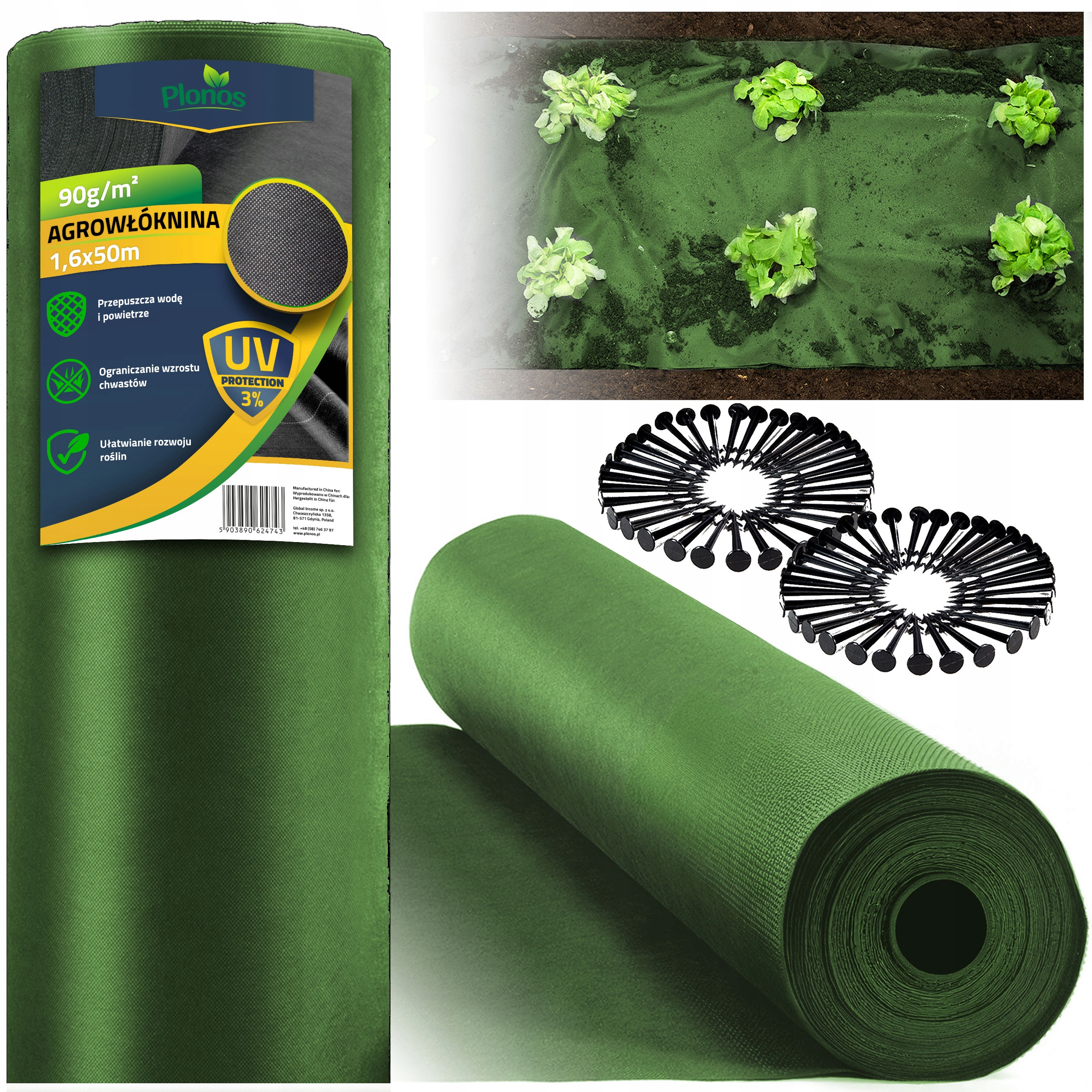 Agrowłóknina Agrotkanina 90G Na Chwasty Uv Zielona 1,6x50m 100 Szpilek