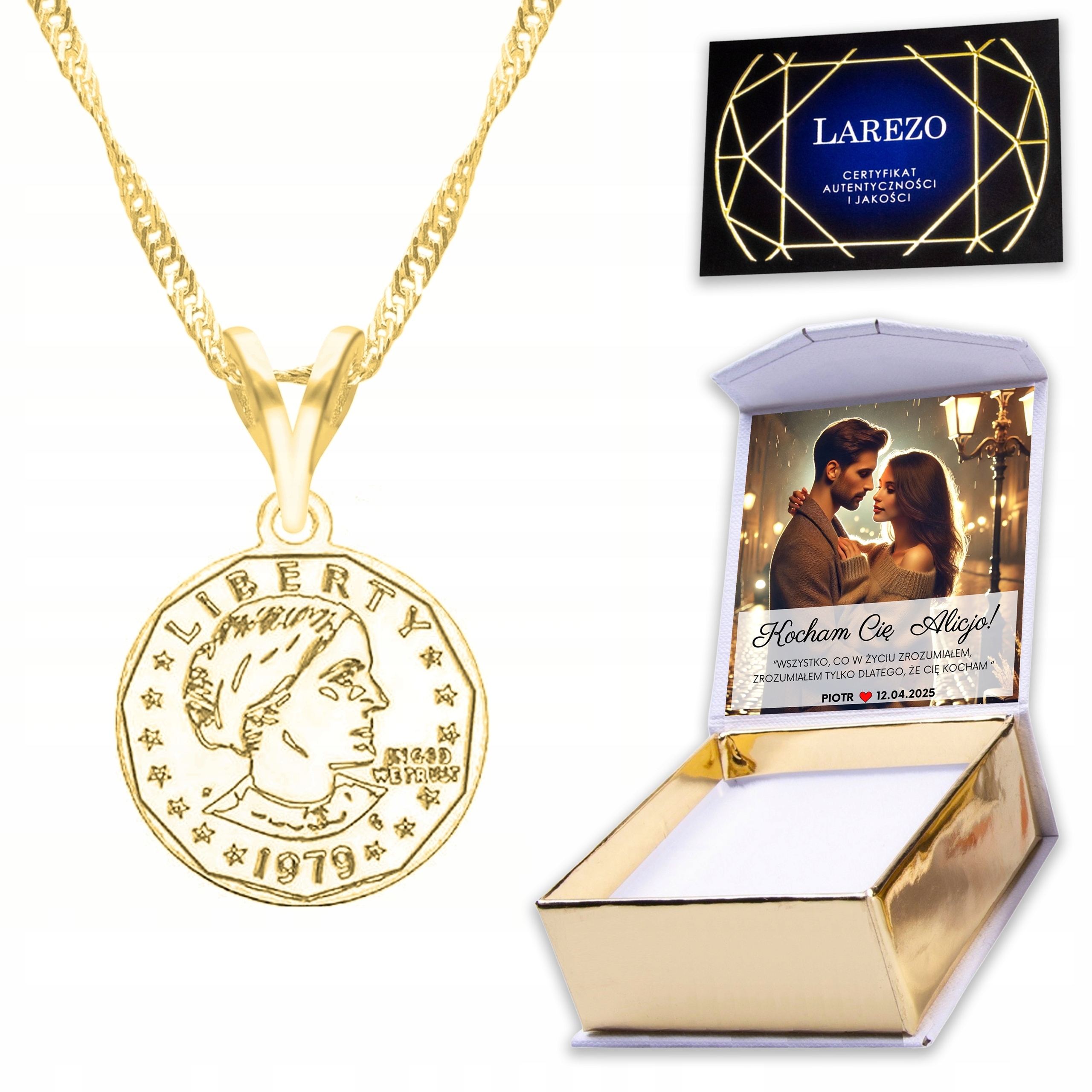 Zlatý náhrdelník 925 s mincí Peníze Poklad Peníze Potisk