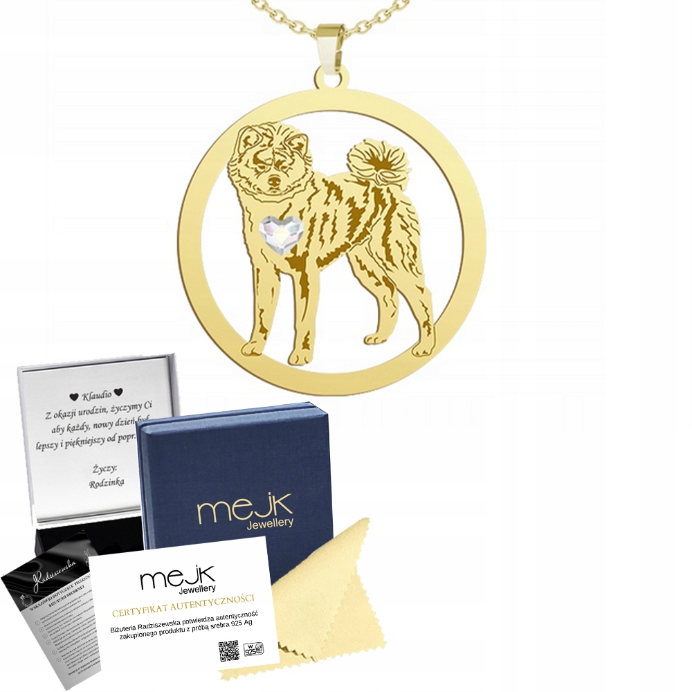 Zlatý náhrdelník Japanese Akita Inu 925 Dárek Řetízek Gravírování Bonus