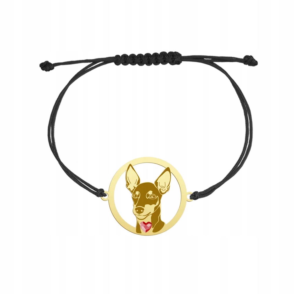 Zlatý náramek s anglickým psem Toy Terrier s provázkem 925 Gravírování Bonus