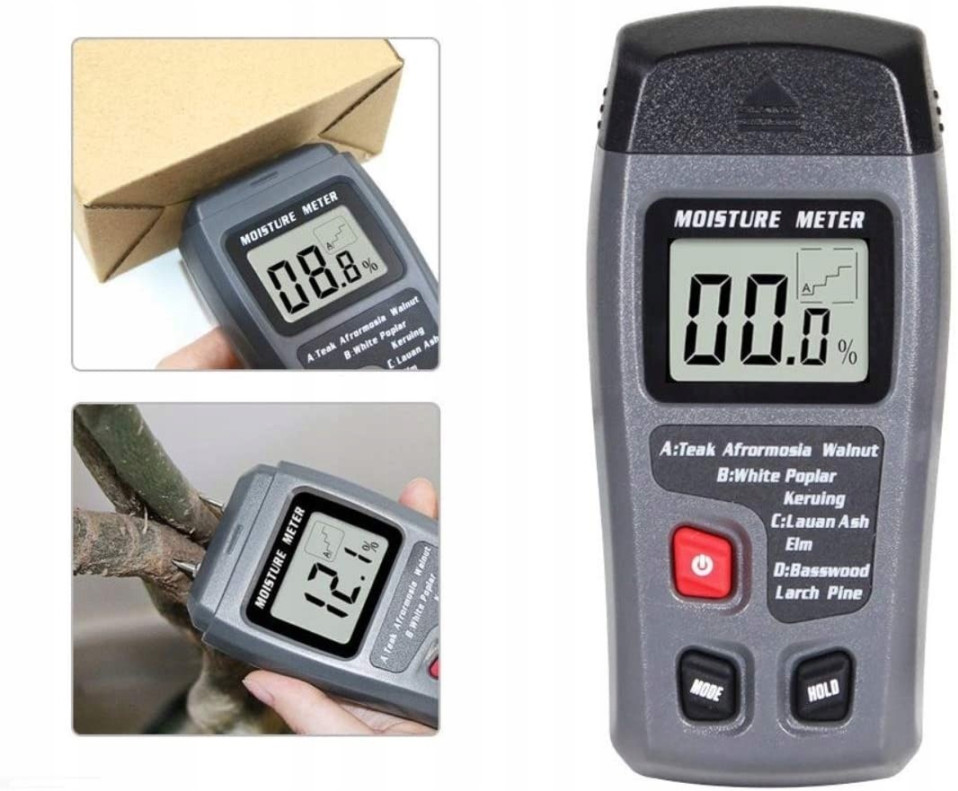 WILGOTNOŚCIOMIERZ DO DREWNA MIERNIK WILGOTNOŚCI TESTER WILGOCI CYFROWY 9V Kod producenta 00018D8