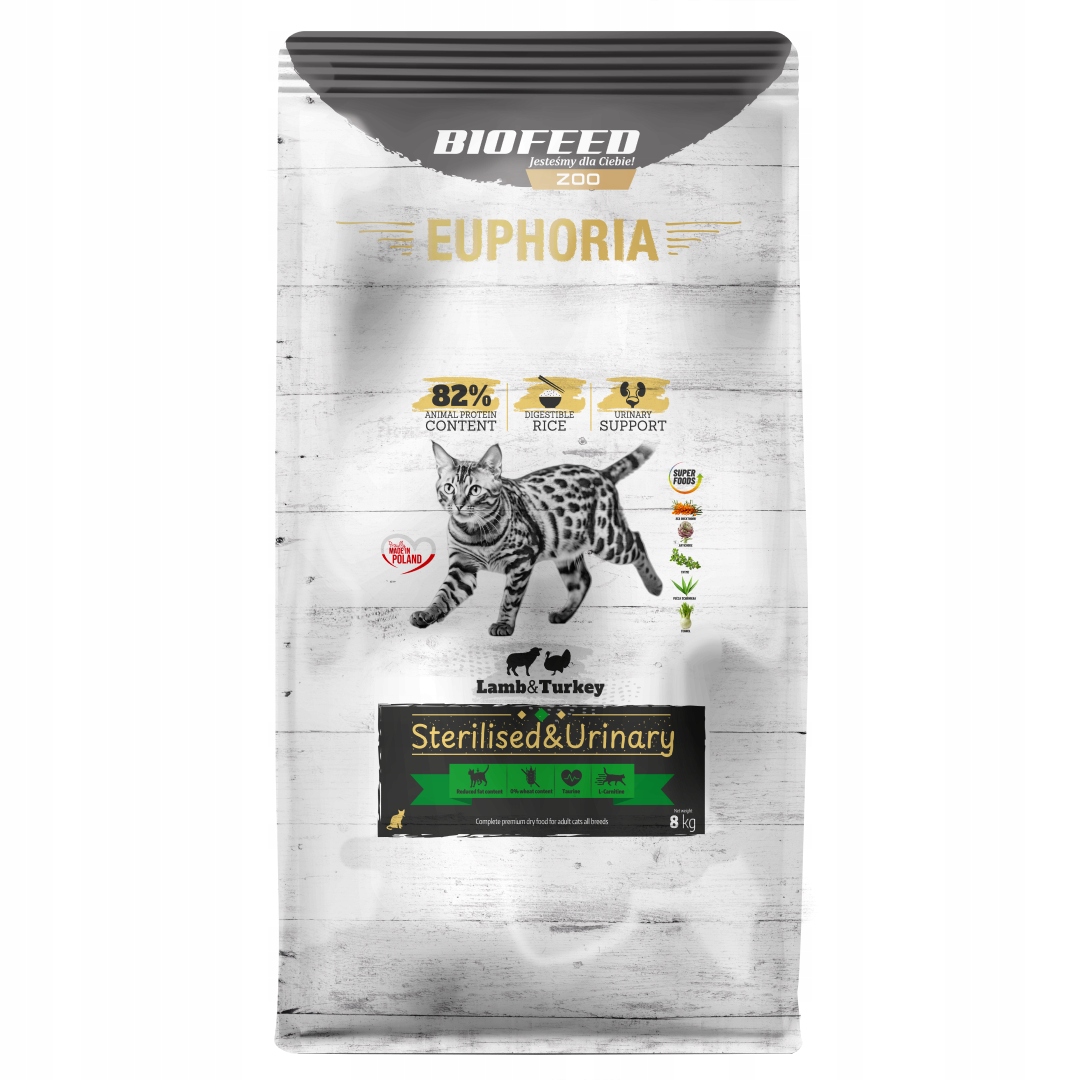 Biofeed Euphoria bezlepkové sterilizované a močové suché Krmivo Pro Kočky 8 kg