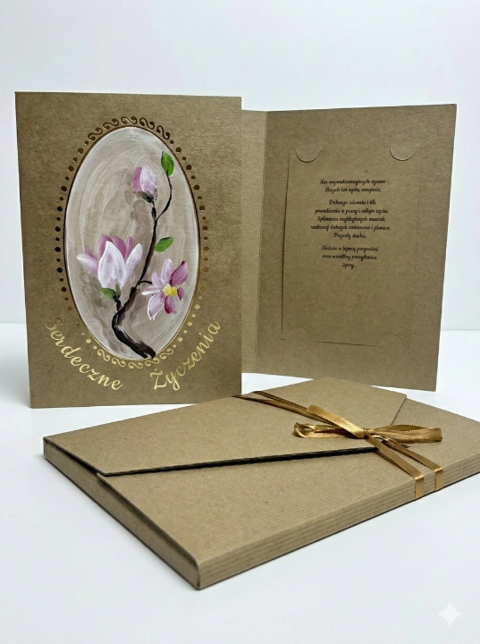 KARTKA KRAFT Ręcznie Malowana Magnolia KARNET ŚLUB ROCZNICA ZŁOCONA