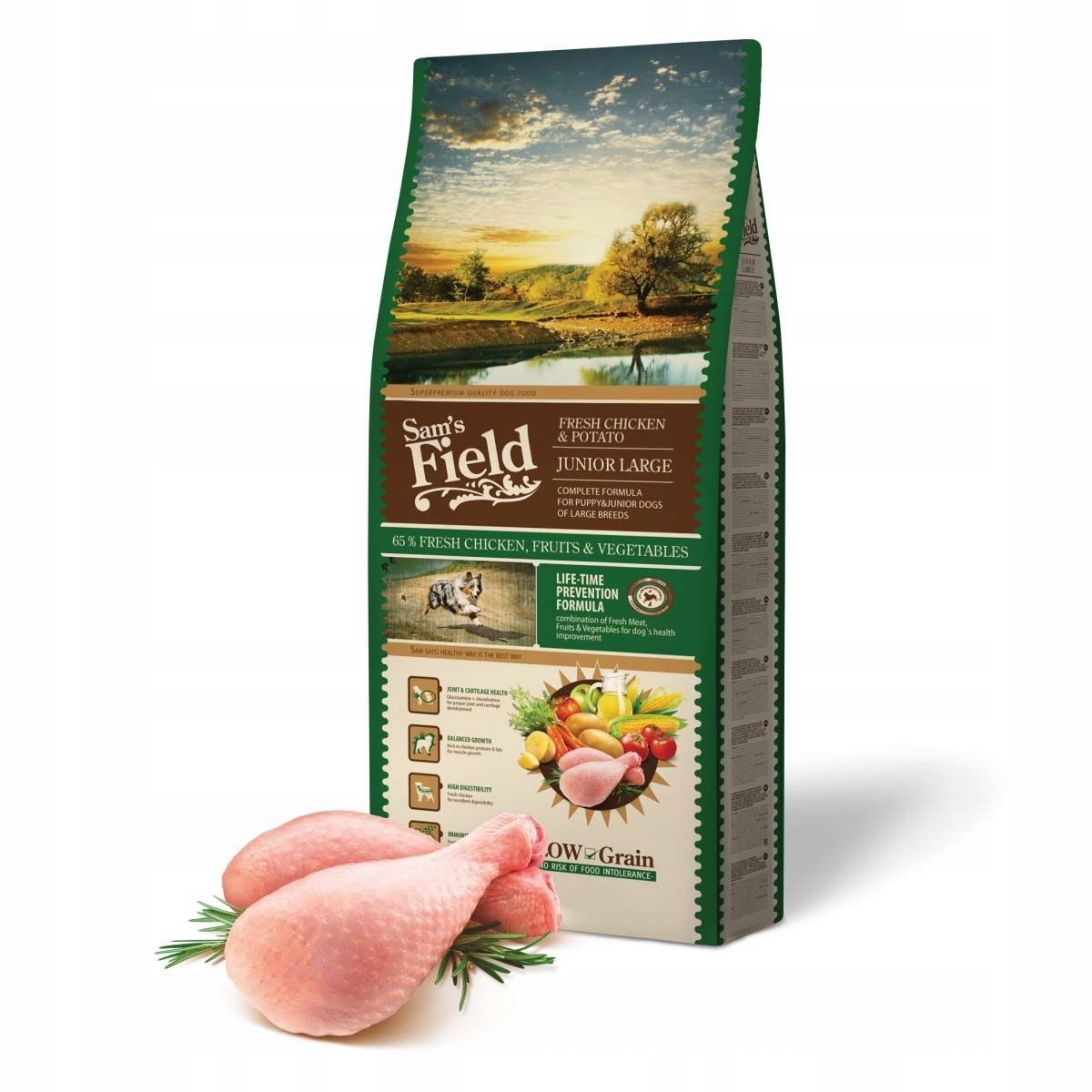 Sucha karma 13 kg dla młodych psów Kurczak Junior Duże rasy Sam's Field