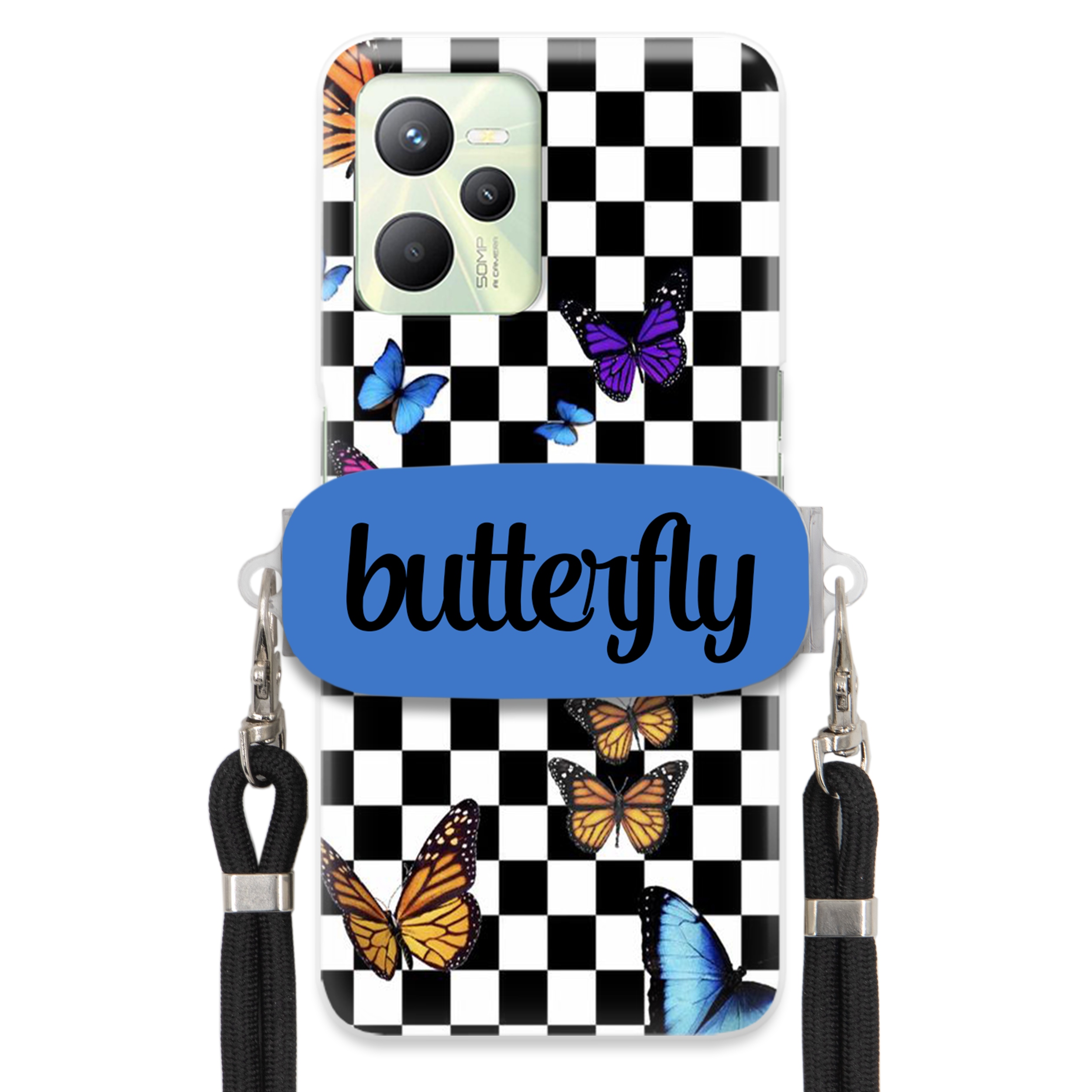 Puzdro Pre Realme C35 Case, Obdĺžnikový Držiak, Čierne Vodítko, Butterfly Motýle