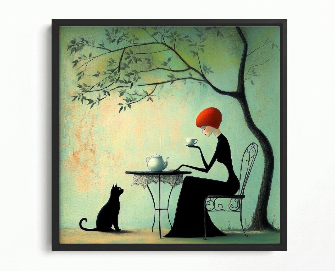 Obraz Rám Americká Krabička Grafika Kavárna Žena Kočka Káva Vintage 50x50