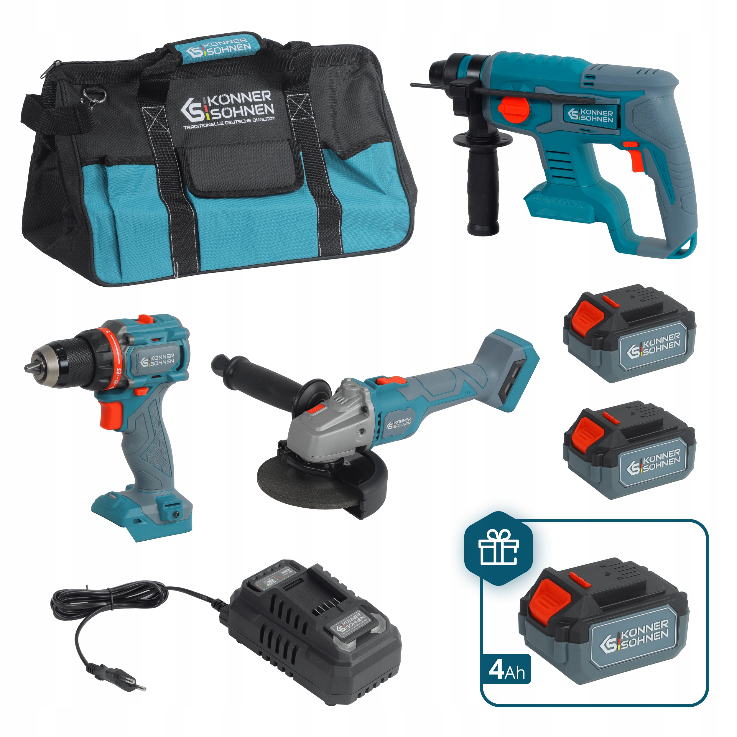 Bezdrátová sada 3-v-1 – vrtačka, úhlová bruska a vrtací kladivo