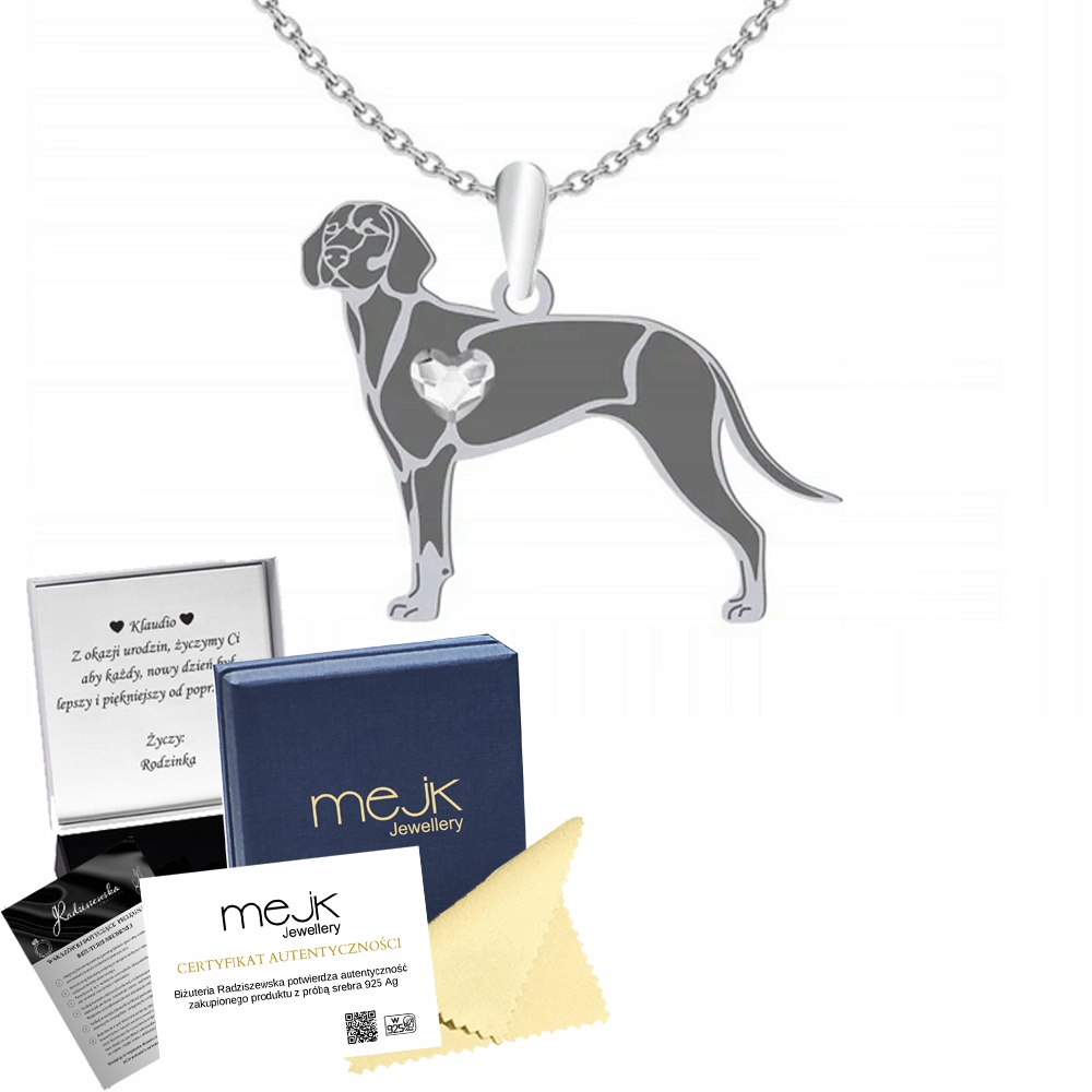 Stříbrný náhrdelník s honičským psem Polský 925 Šperky Dárek Gravírování Bonus