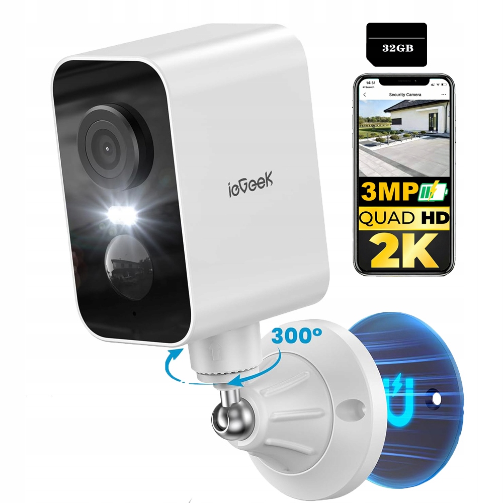 2K kamera pro venkovní monitorování s baterií, magnetická montáž 32GB