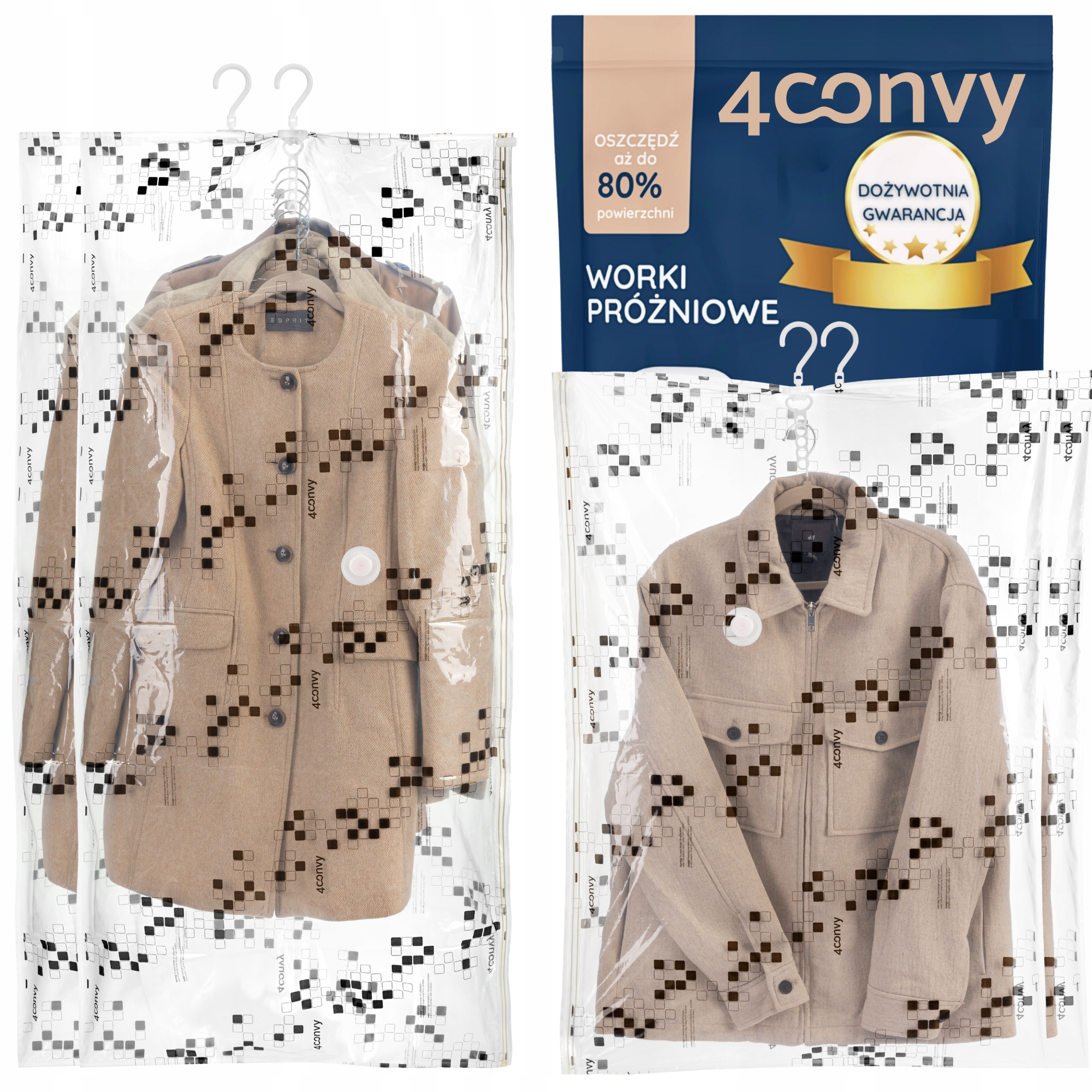 4CONVY 8x Závěsný vakuový pytel na oblečení s věšákem 70x140 a 70x100