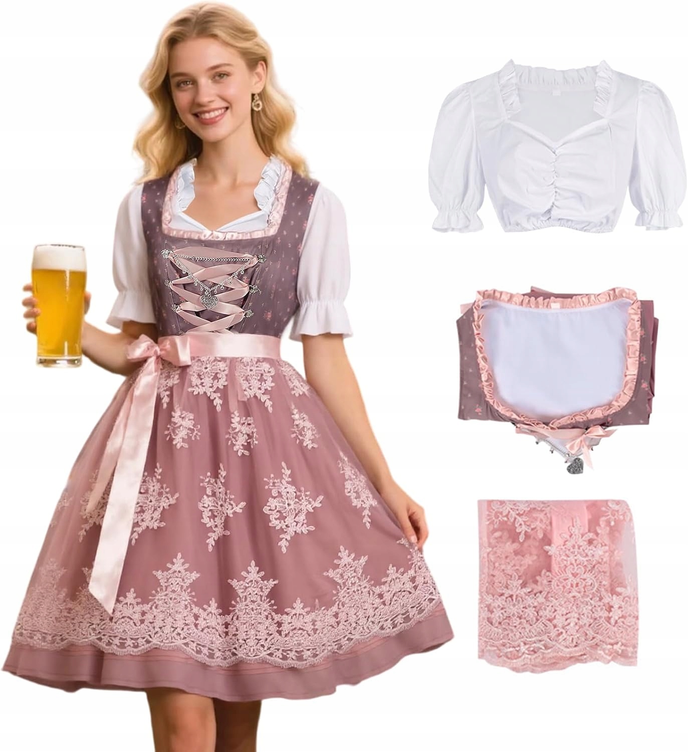Šaty na Oktoberfest Bavorská Dirndl Tradiční krajková Růžová S