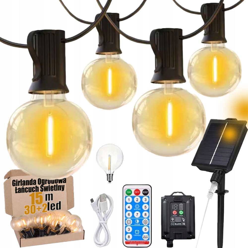Girlanda Solarna Ogrodowa Lampy Wodoodporne Żarówki 15M 30 +2LED Piloty