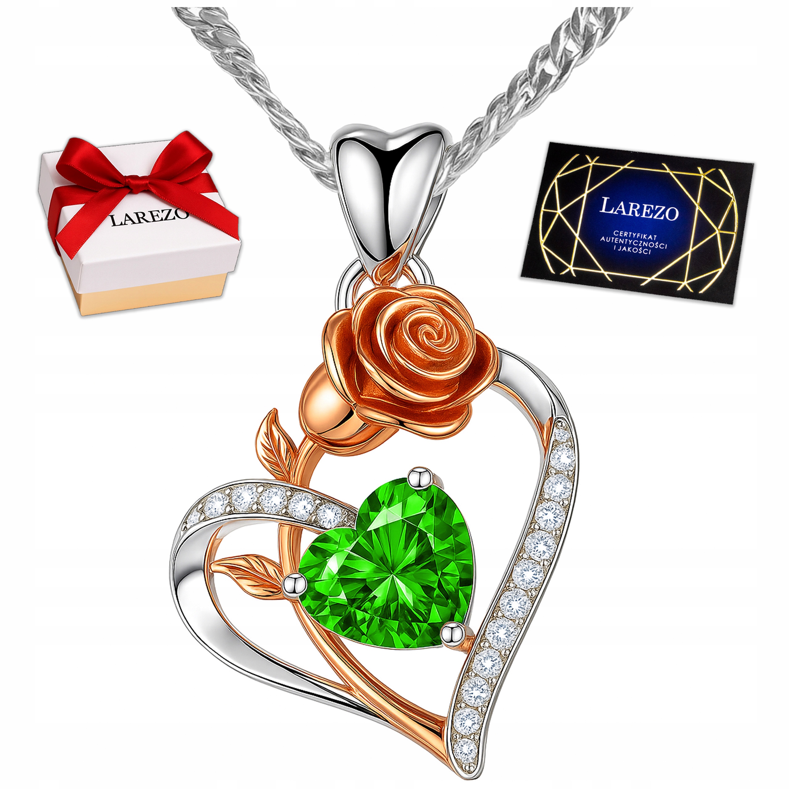 Náhrdelník stříbro 925 Srdíčko s Kytičkou Růže Zelené Křišťálové Srdce