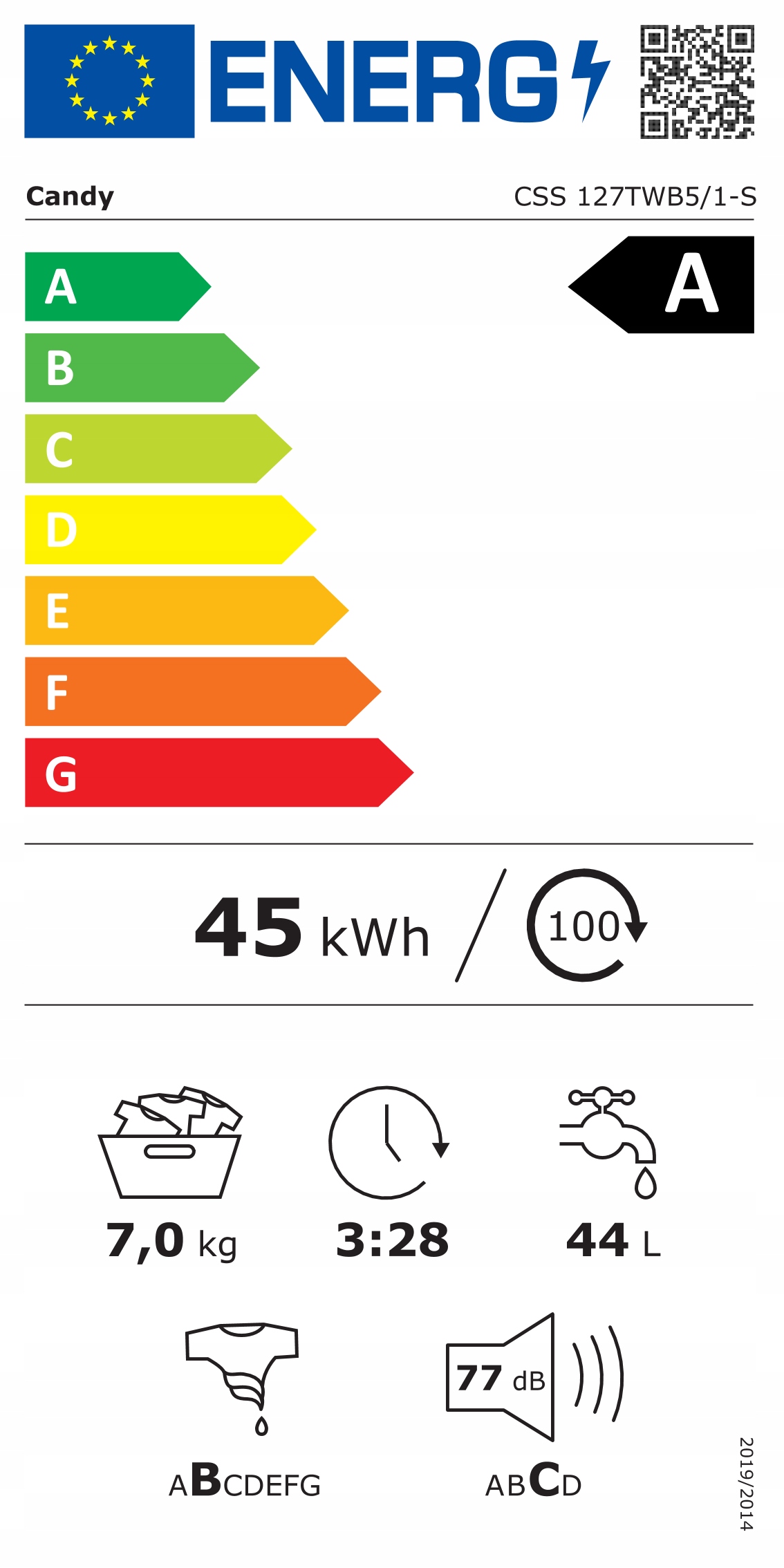 Candy Washing Machine Css 127TWB5/1-S Energy efficiency class A Front