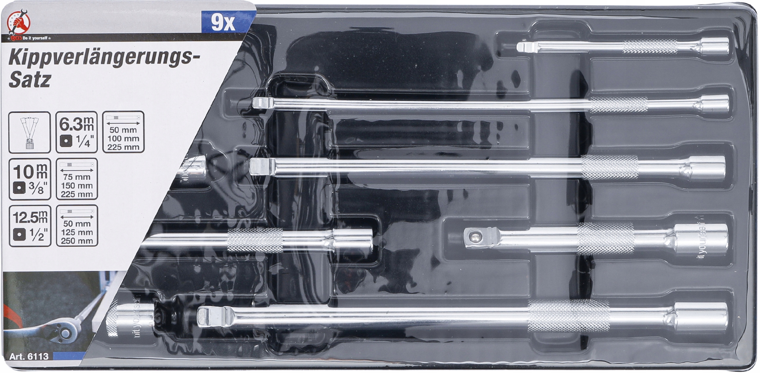 Sada naklápěcích prodlužovacích nástavců 6,3 mm (1/4") 10 mm (3/8") 12,5 mm (1/2")