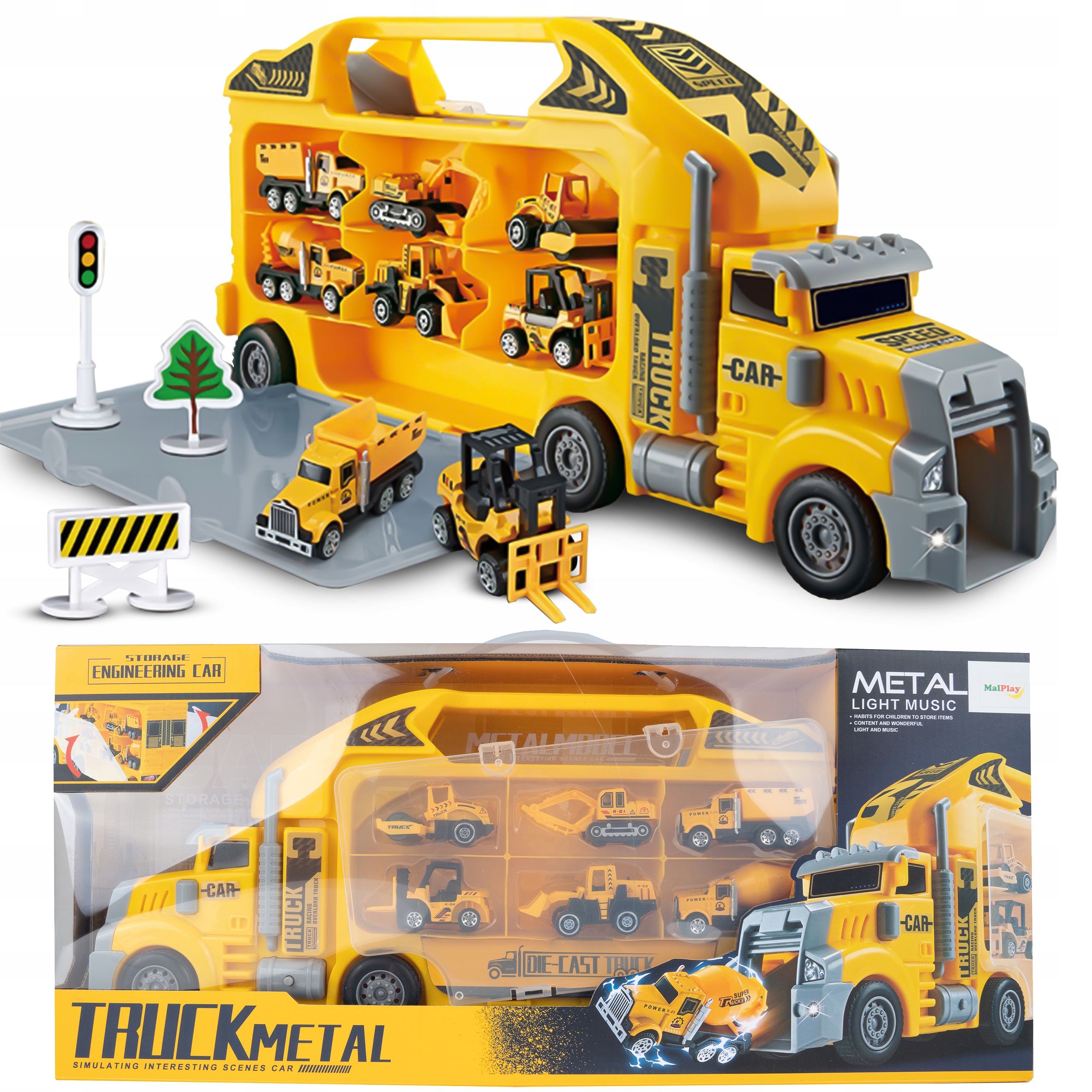 TIR LAWETA CIĘŻARÓWKA 6SZT METALOWE AUTA BUDOWLANE