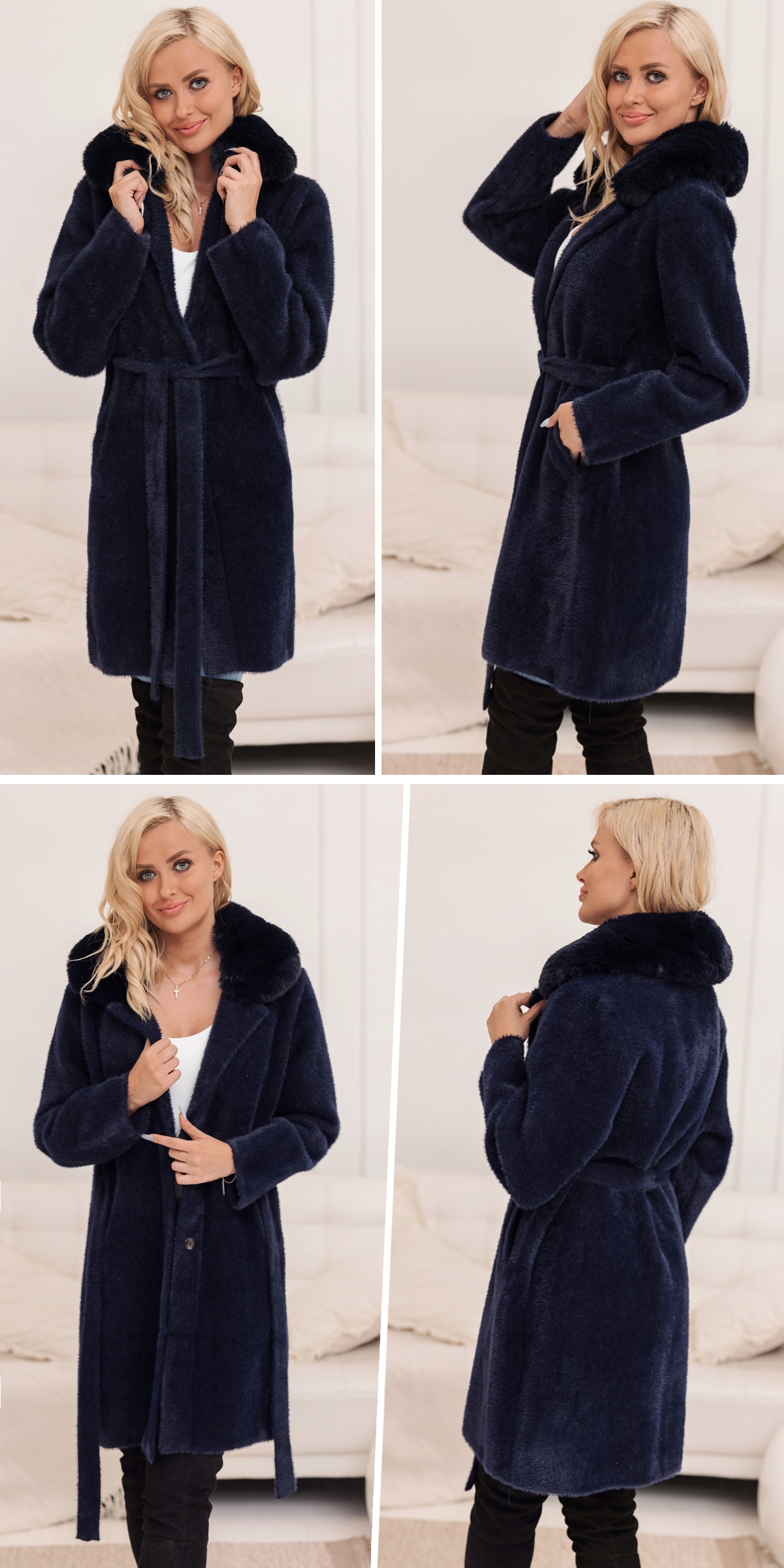 ALPAKA Z FUTERKIEM CIEPŁY PŁASZCZ Z PASKIEM KOLORY Wzór dominujący bez wzoru