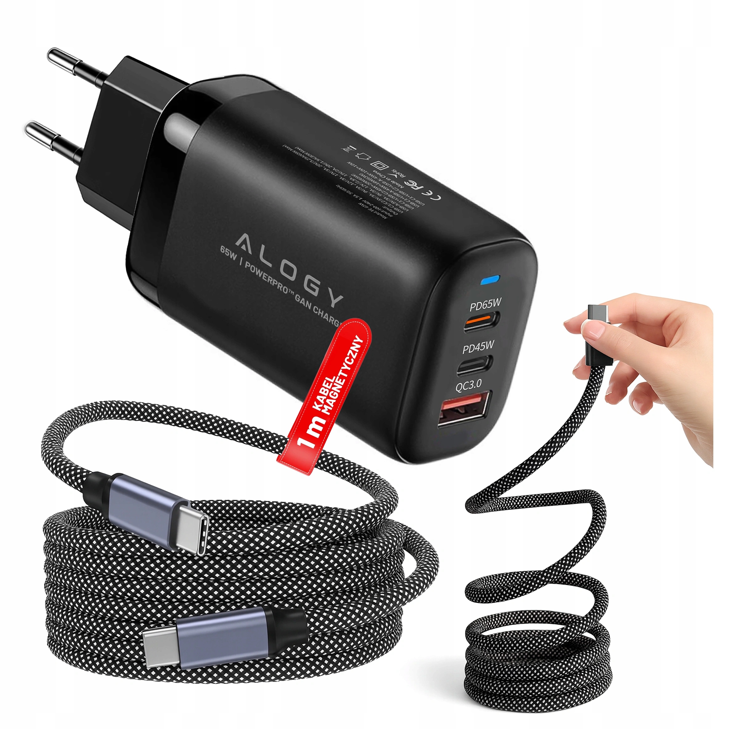 Usb-c kabel na Usb-c 1m Magnetický, odolný Síťová nabíječka 3v1 65W