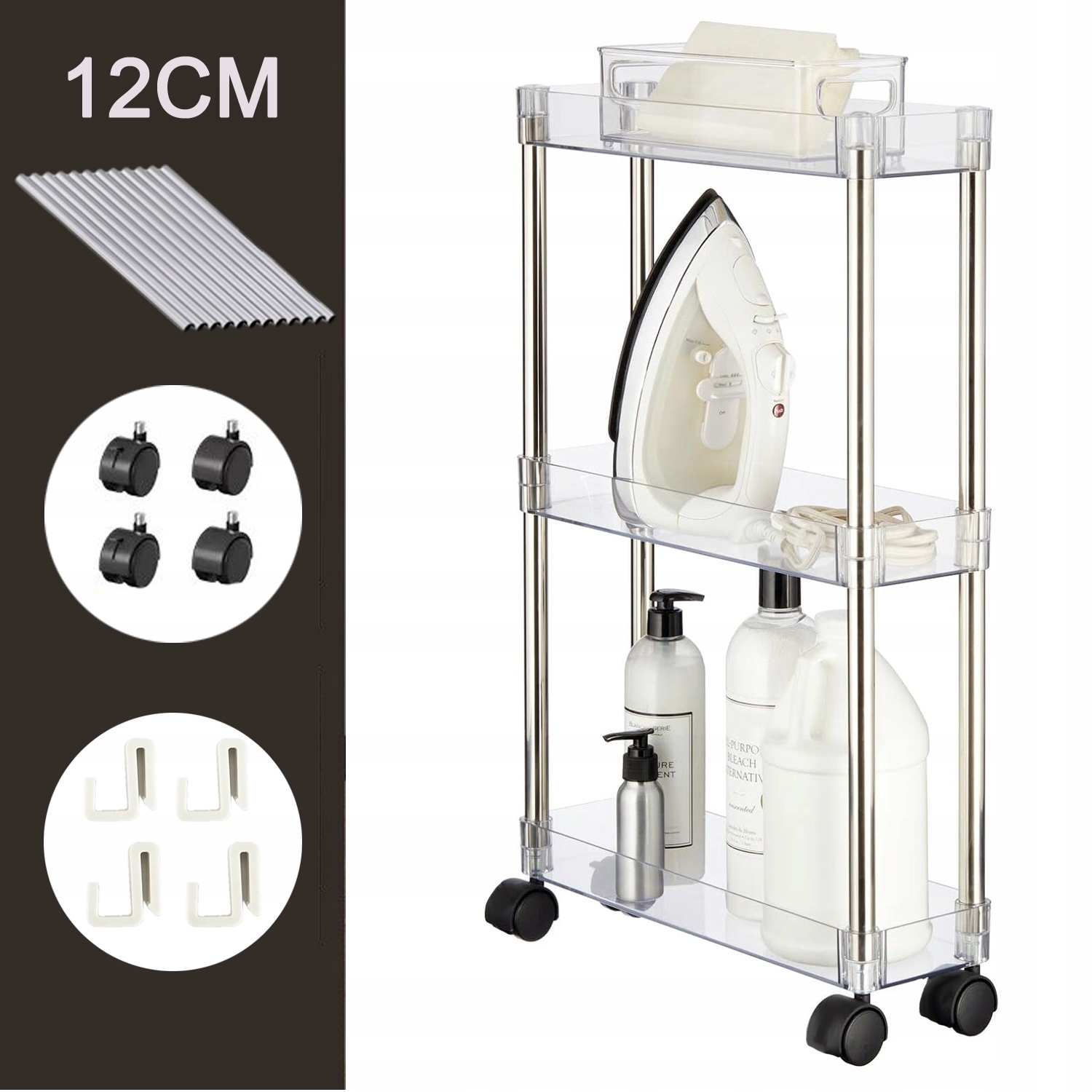 PÓŁKA REGAŁ KUCHENNY ŁAZIENKOWY SZAFKA NA KÓŁKACH DO WĄSKICH WNĘTRZ 12CM