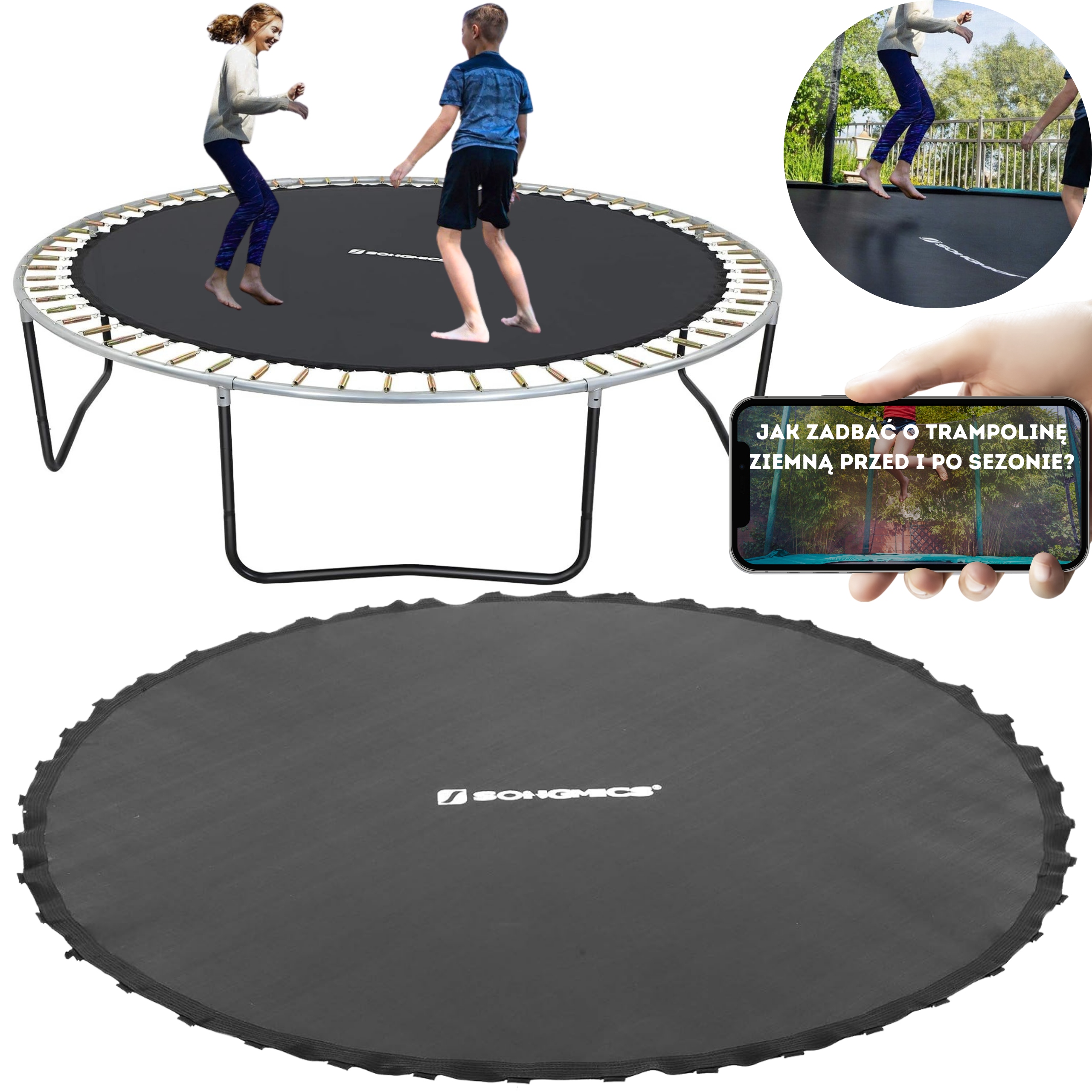 MATA DO TRAMPOLINY BATUT 244cm 42 SPRĘŻYNY CZARNA MOCNA TKANINA 8FT Ø202cm