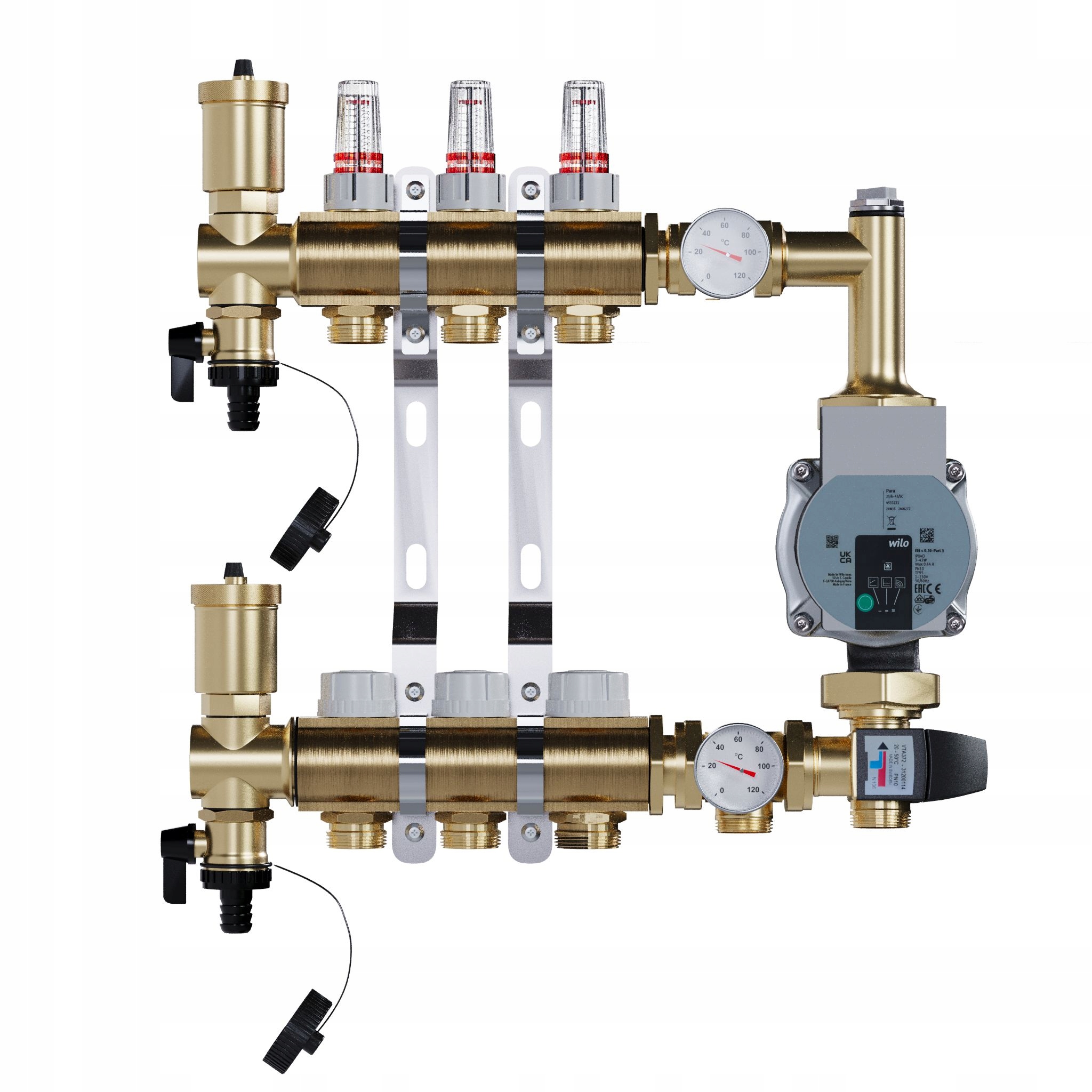 Rozdělovač pro podlahové topení 3 mosazné sekce Čerpadlo Wilo